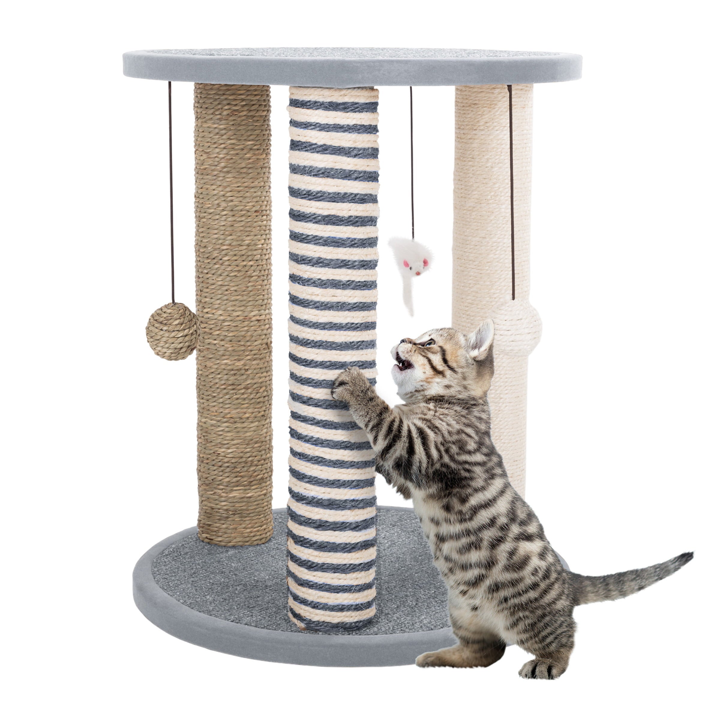 Cat Scratching Post Tower with 3 Posts， 2 Carpeted Perches， Sisal Rope Scratchers for Indoor Cats， Hanging Mouse， and Ball Toys by PETMAKER (Gray)