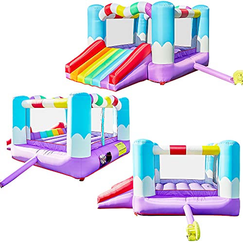 TURFEE Rainbow Inflatable Jumper Bounce House with Blower，Bounce House with Slide， Repair Patches， and Stakes， for Kids Indoor Outdoor.Easy Set Up，Backyard and Party Fun，138x 106 x 73