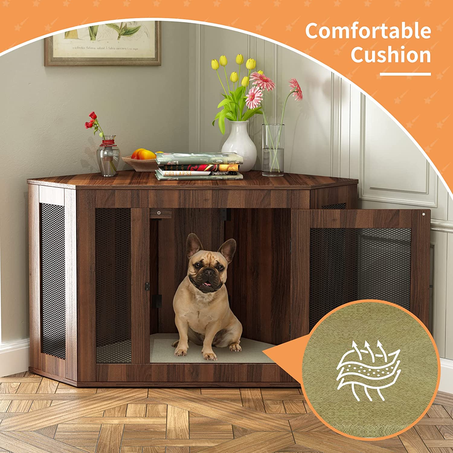Dog Crates for Medium Dogs， Dog Crates Cage Kennel Furniture Indoor with Cushion and Lockable Doors， Wooden Corner Dog Crate for Small/Medium Dogs， Perfect for Limited Room (Walnut， Medium)