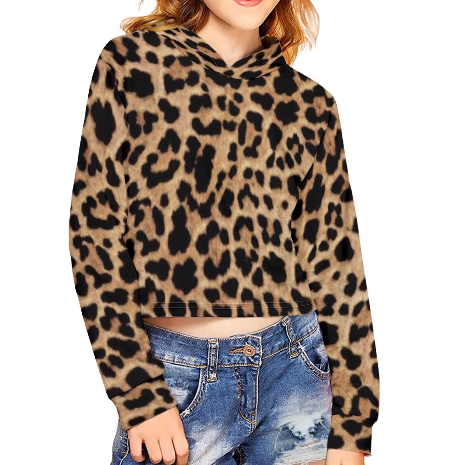 FKELYI Leopard Print Crop Tops Hoodies Size 5-6 Years Durable Party Hooded Sweater for Girls Lightweight Daily Life Long Sleeve Pullover Trendy