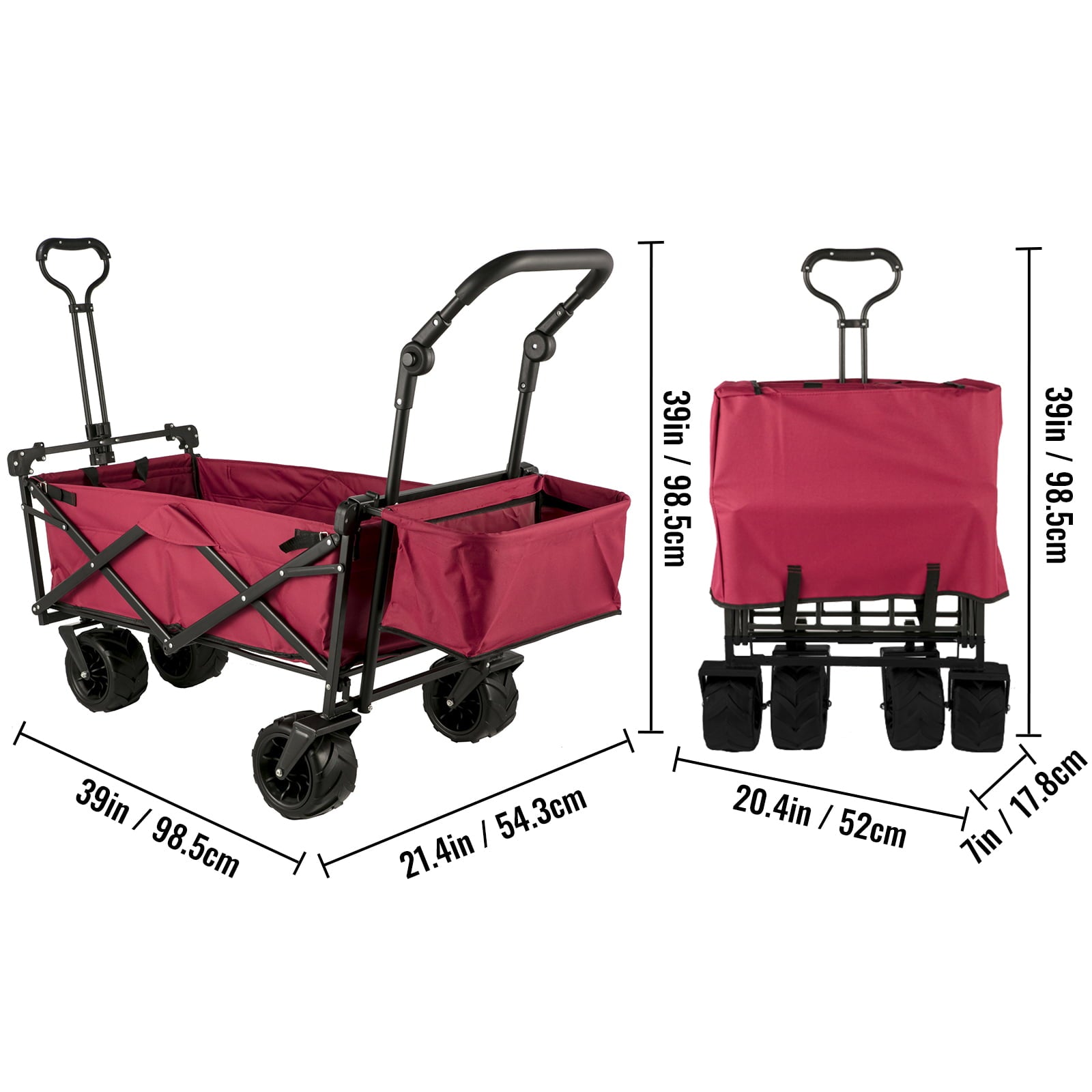 VEVORbrand Collapsible Wagon Cart Red， Foldable Wagon Cart Removable Canopy 601D Oxford Cloth， Collapsible Wagon Oversized Wheels， Portable Folding Wagon Adjustable Handles， Beach， Garden， Sports