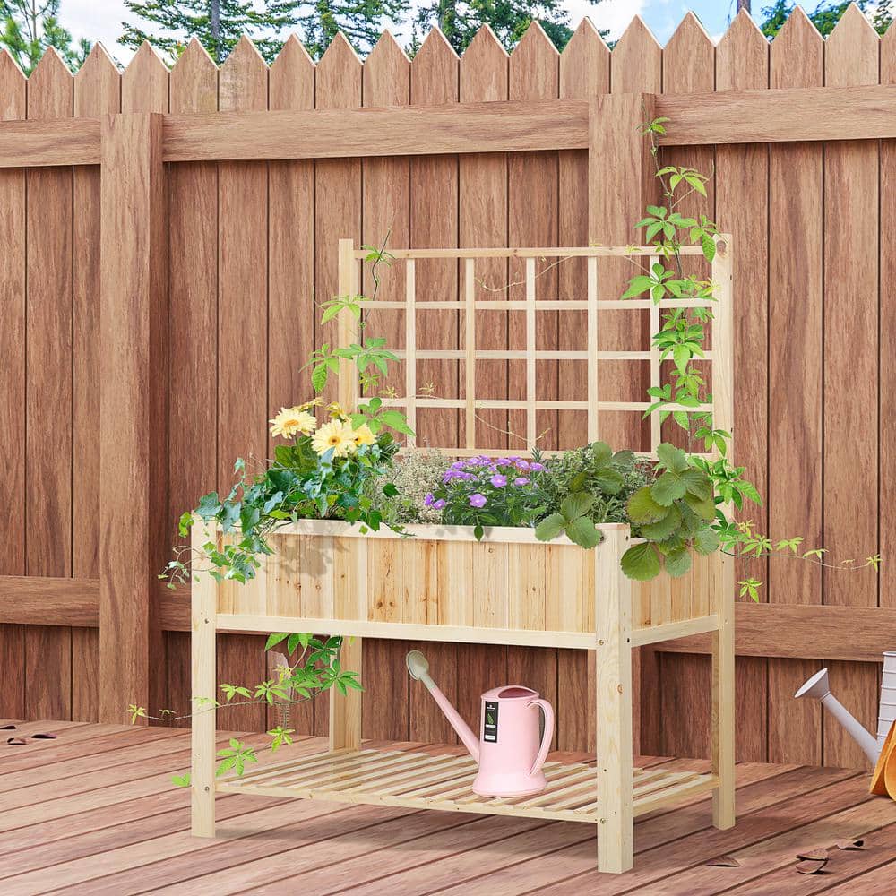 Outsunny 47 in. Natural Wooden Raised Garden Bed with Trellis Open Storage Shelf 845-474