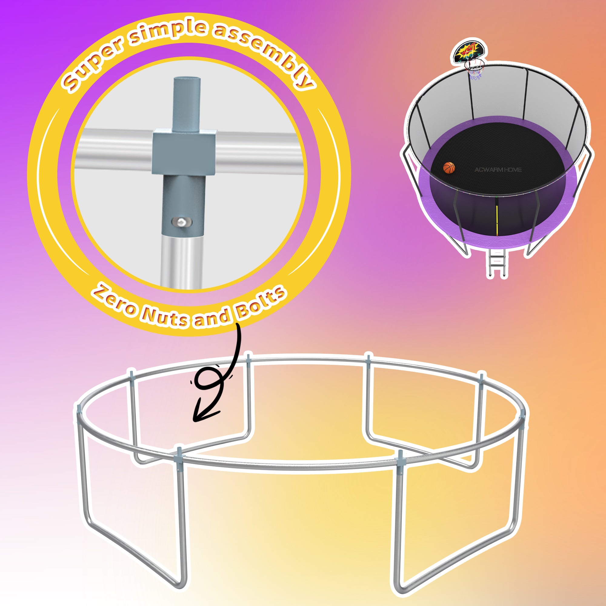 ACWARM HOME 10FT Purple Backyard Trampoline with Safety Net， Outdoor Trampoline for Kids with Ladder and Basketball Hoop， Large Trampoline