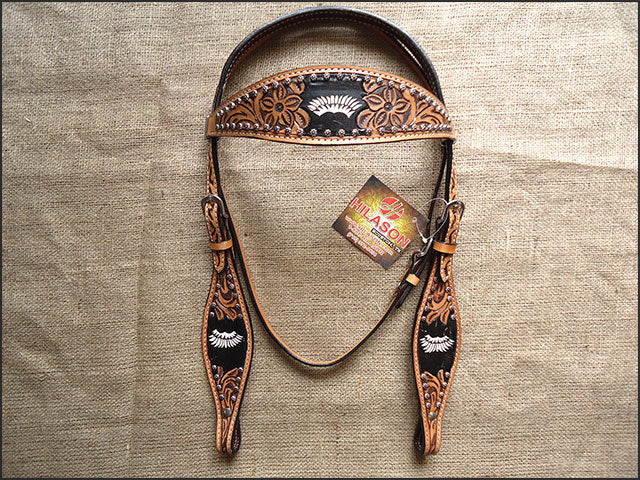43BH Western Horse Headstall Tack Bridle American Leather Hand Carved Hilason