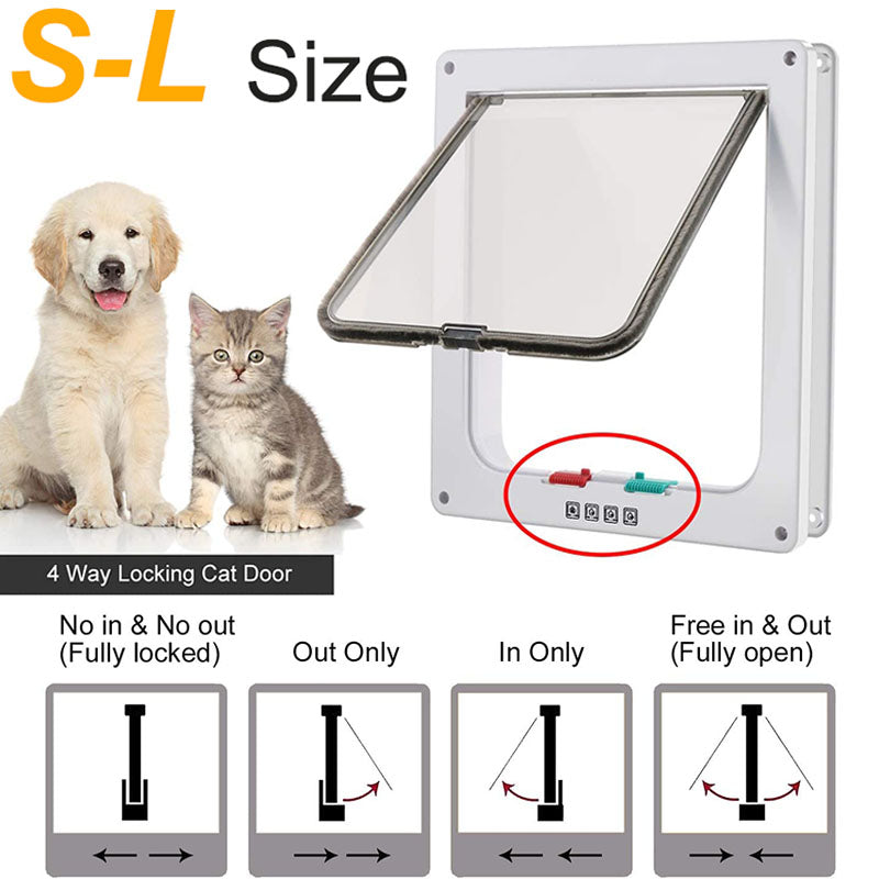 3 Size 4 Way Pet Cat Flap Door Cat Puppy Dog Supplies Lock Lockable Safe Flap Door Gate for Dog Cats Kitten