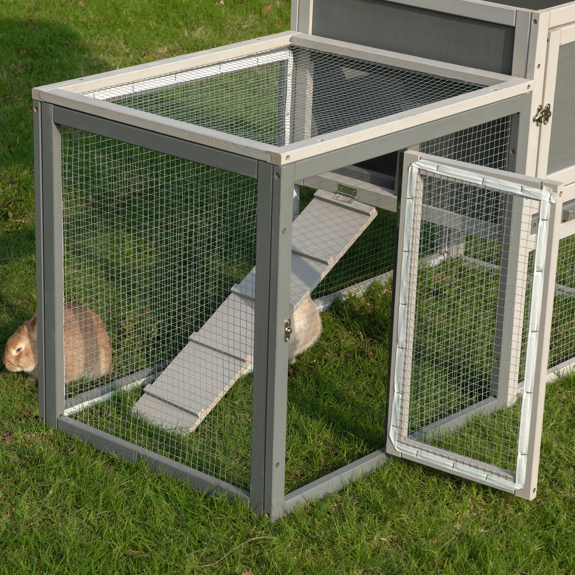 Coziwow Wooden Rabbit Hutch Small Animal Cage Guinea Pig Coop W/ Openable Roof， Gray