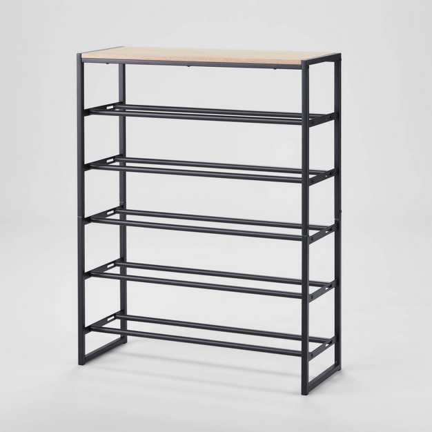 5 Tier Shoe Rack Black Metal With Natural Wood