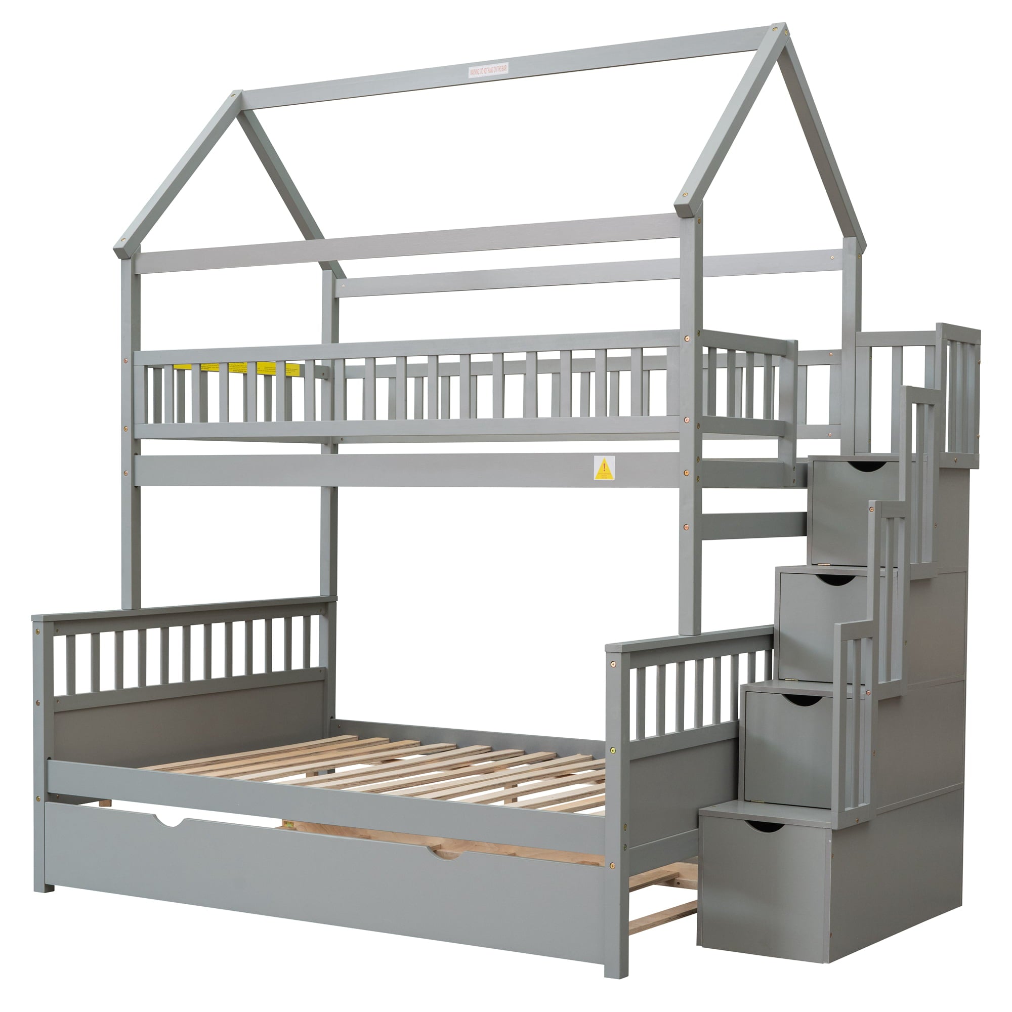 EUROCO Twin over Full House Bunk Bed with Trundle for Kids, Gray
