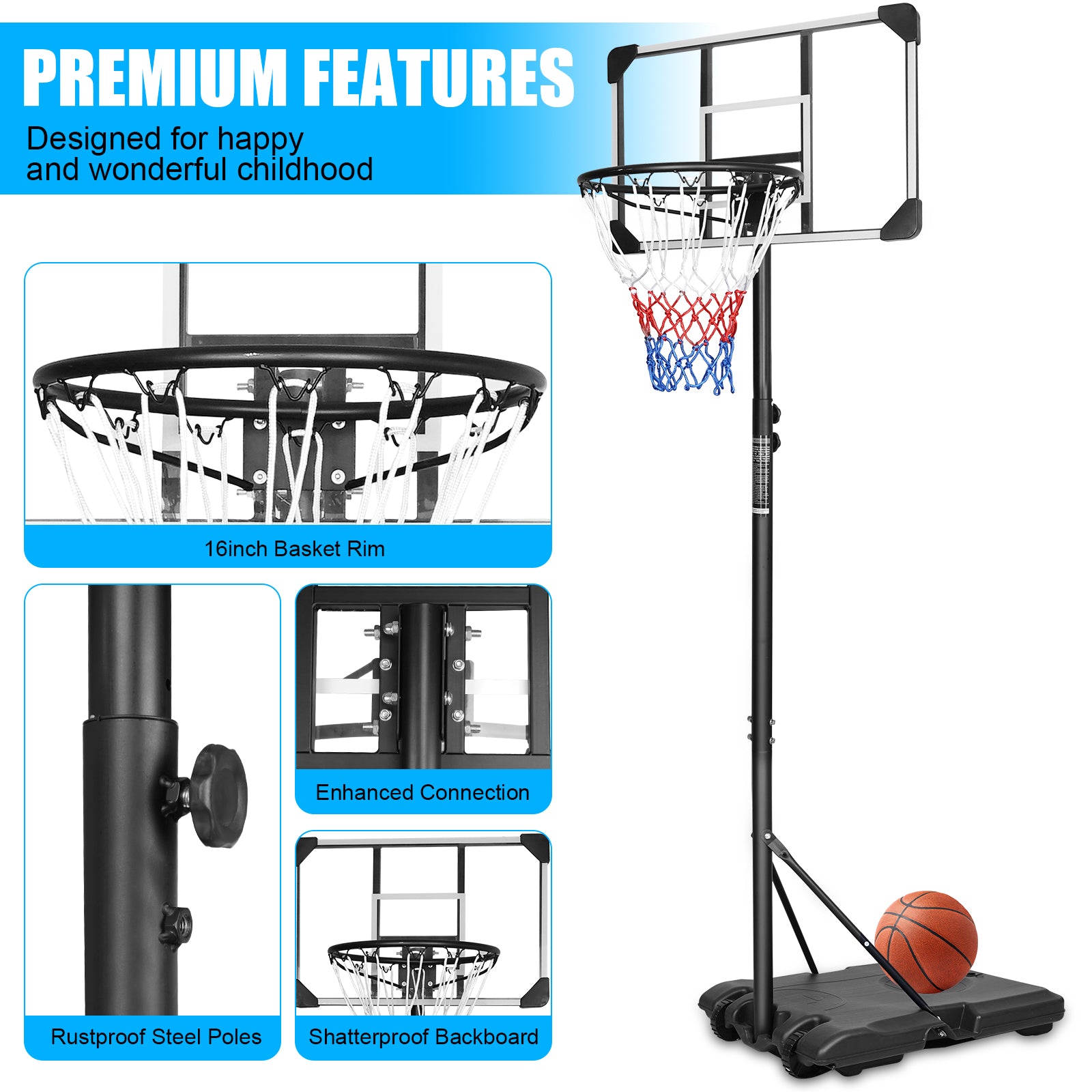 KL KLB Sport Portable Height Adjustable 28” Basketball Hoop Stand Backboard System for Kids Outdoor with Wheels