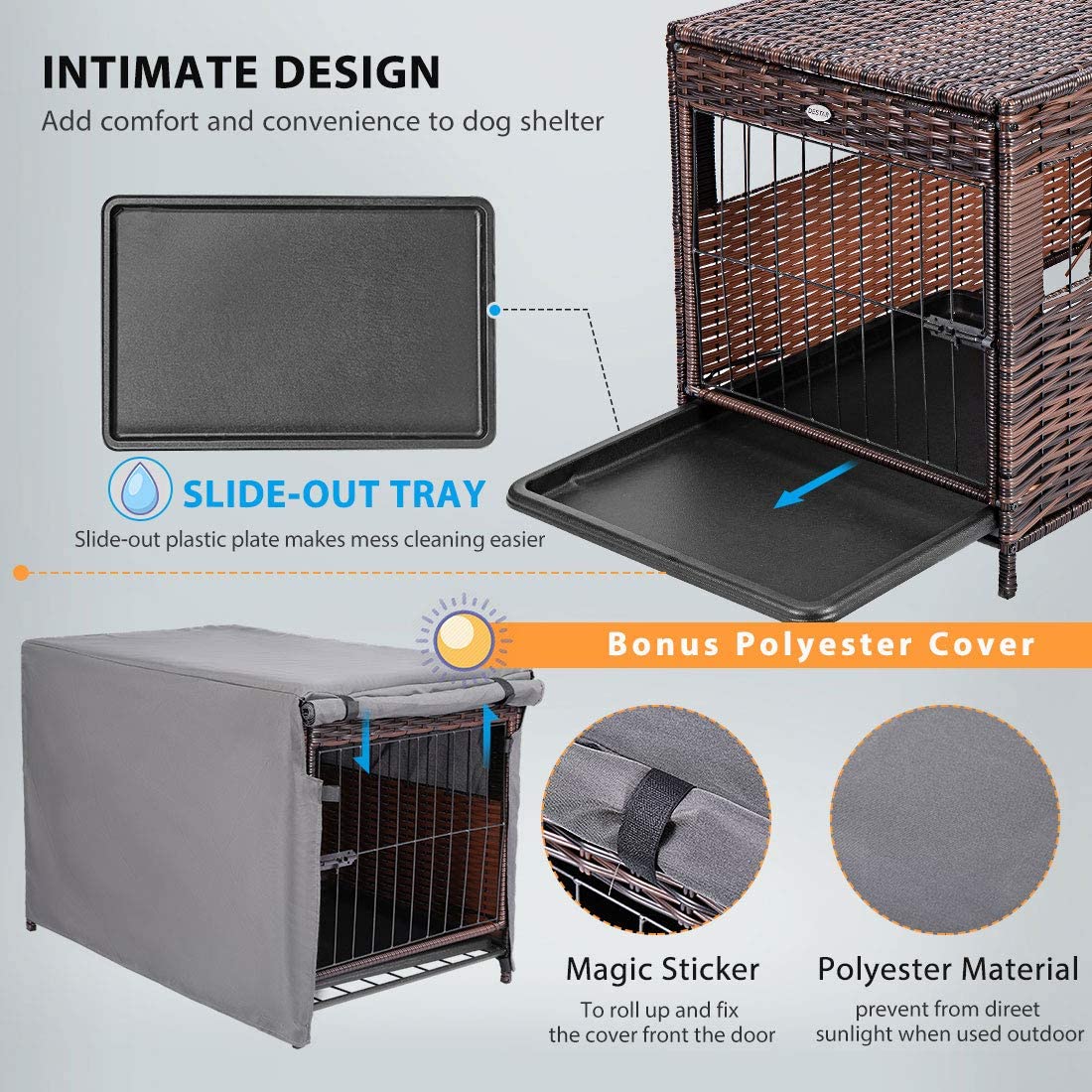DEStar Heavy Duty PE Rattan Wicker Pet Dog Cage Crate Indoor Outdoor Puppy House Shelter with Removable Tray and UV Resistant Cover (Medium - 23