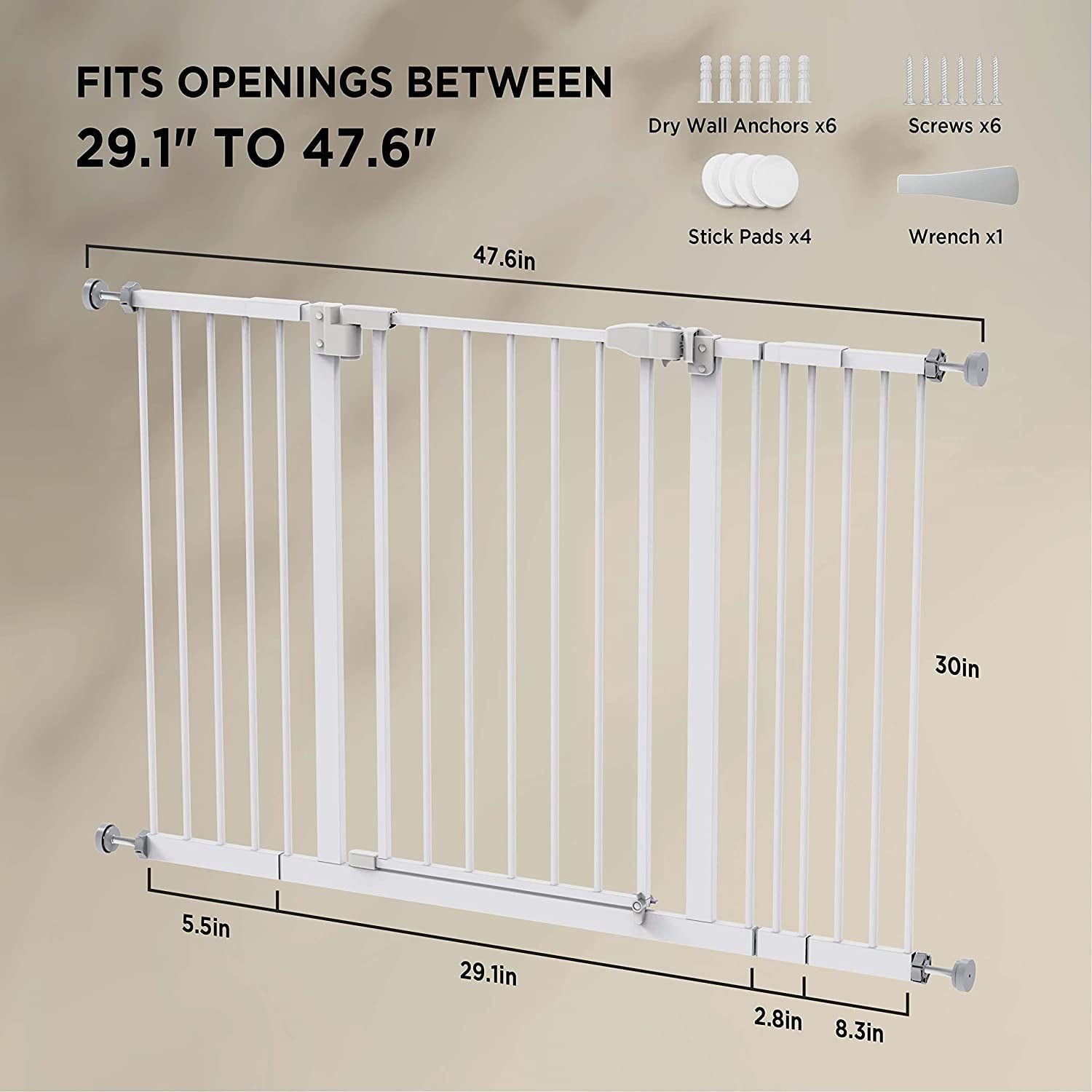 Baby Safety Gate 29.1- 47.6 inch， Adjustable Simple Pass Walk-Through Gate No Drill， Extra Wide Dog gate 30 inch Height for Stairs， Hallways， Bedrooms