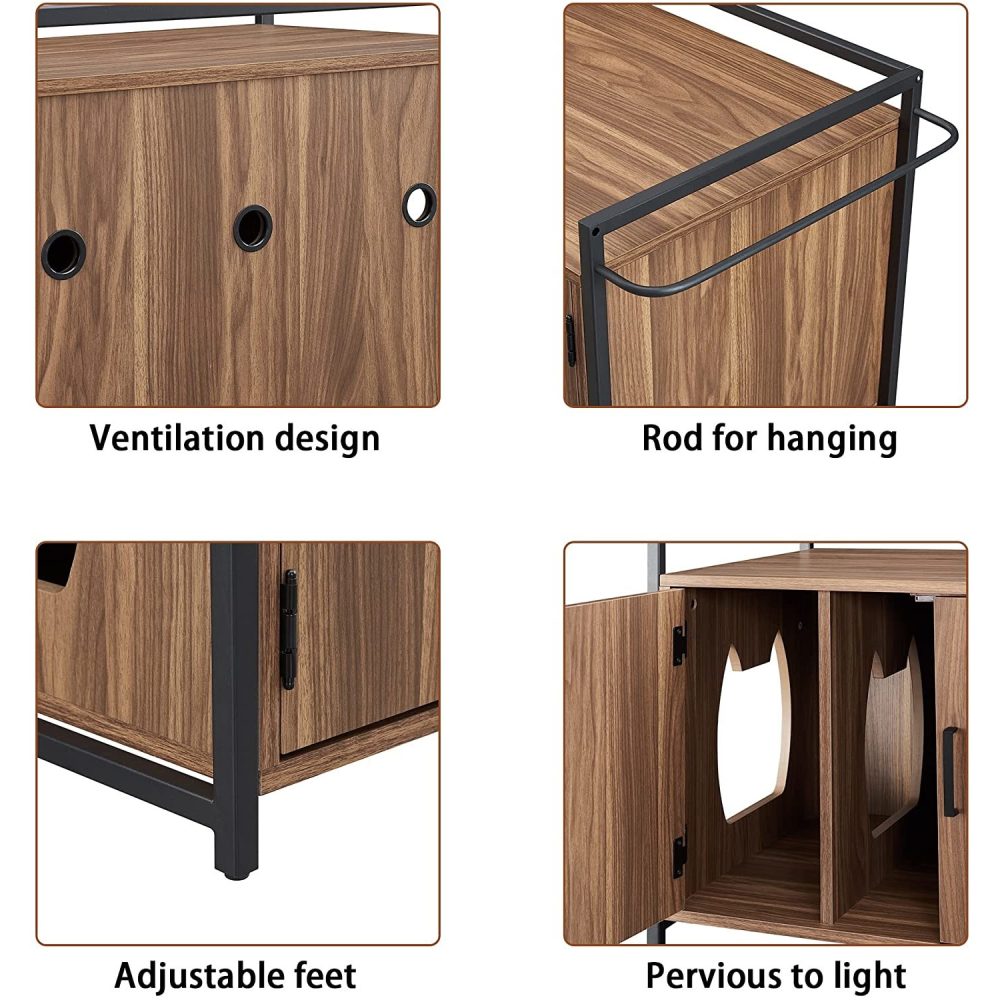 Penck Hidden Cat Litter Box Furniture with Ventilation and Bench Seat， Pet Crate with Iron and Wood Sturdy Structure