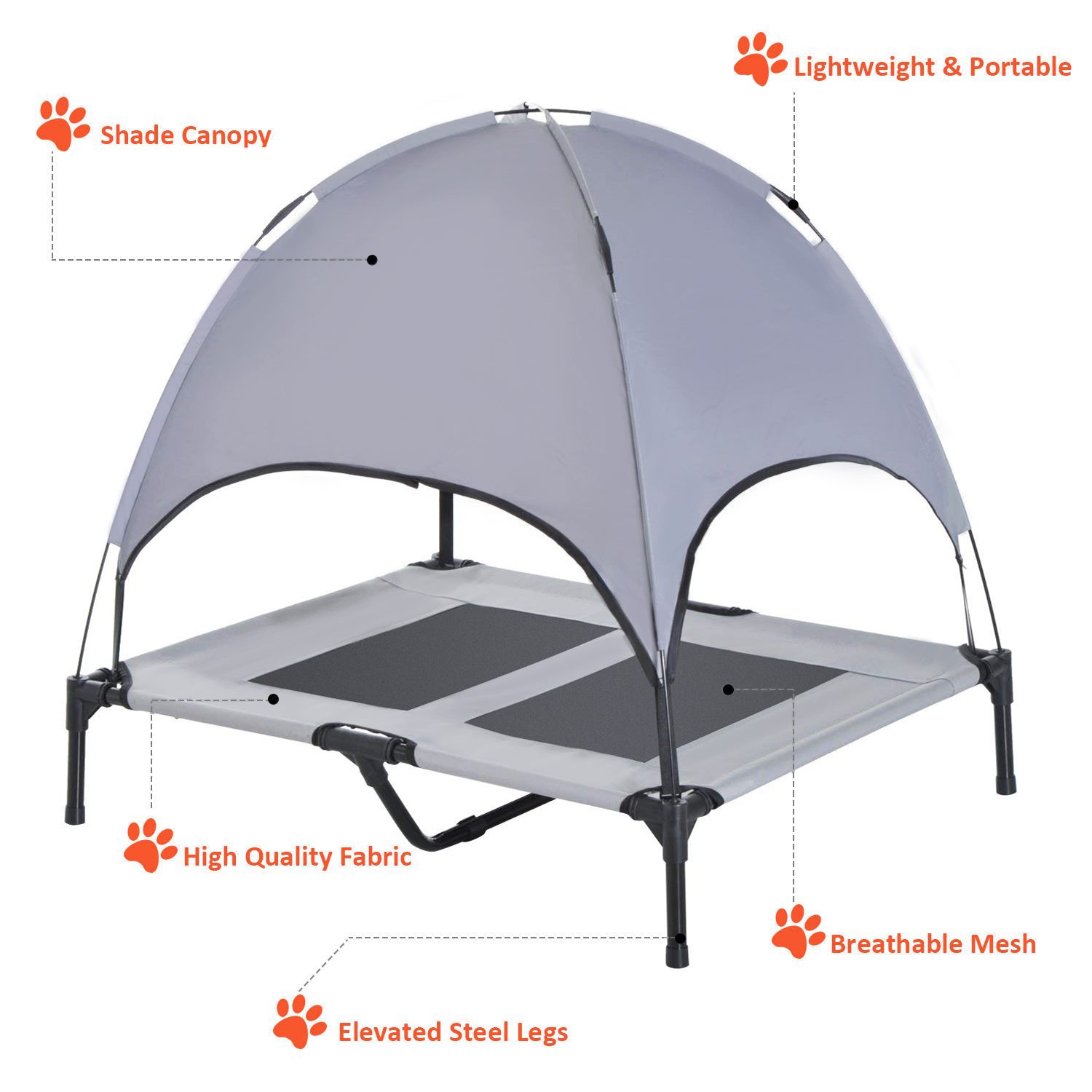 Pawhut Elevated Cooling Dog Bed Cot w/ Canopy Shade， Medium， Gray