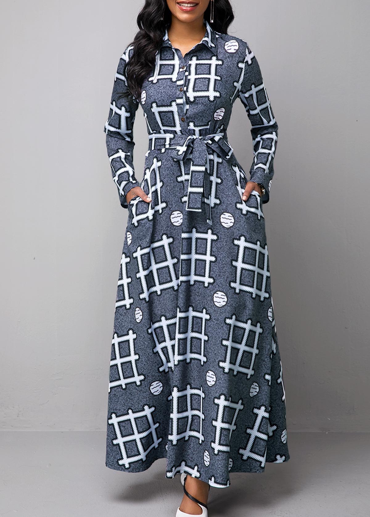Turndown Collar Geometric Print Long Sleeve Dress