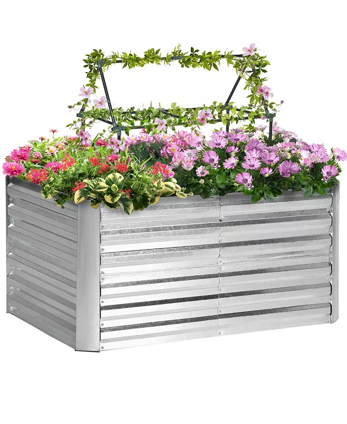 Outsunny Raised Garden Bed with 2 Trellis Tomato Cages， Galvanized Elevated Planter Box with Reinforcing Rods， Elevated Metal for Climbing Vines， Grap