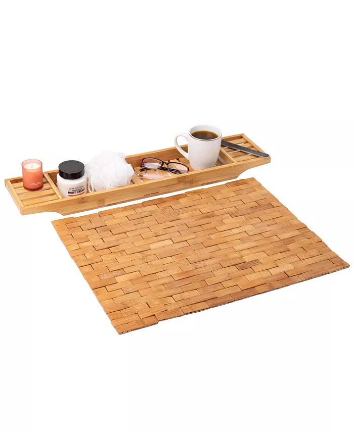 Mind Reader Bali Collection， Luxury Bath Caddy and Bath Mat Set， Luxury Roll Up Rayon from Bamboo Shower Bath Mat， 23.5 x 16.5