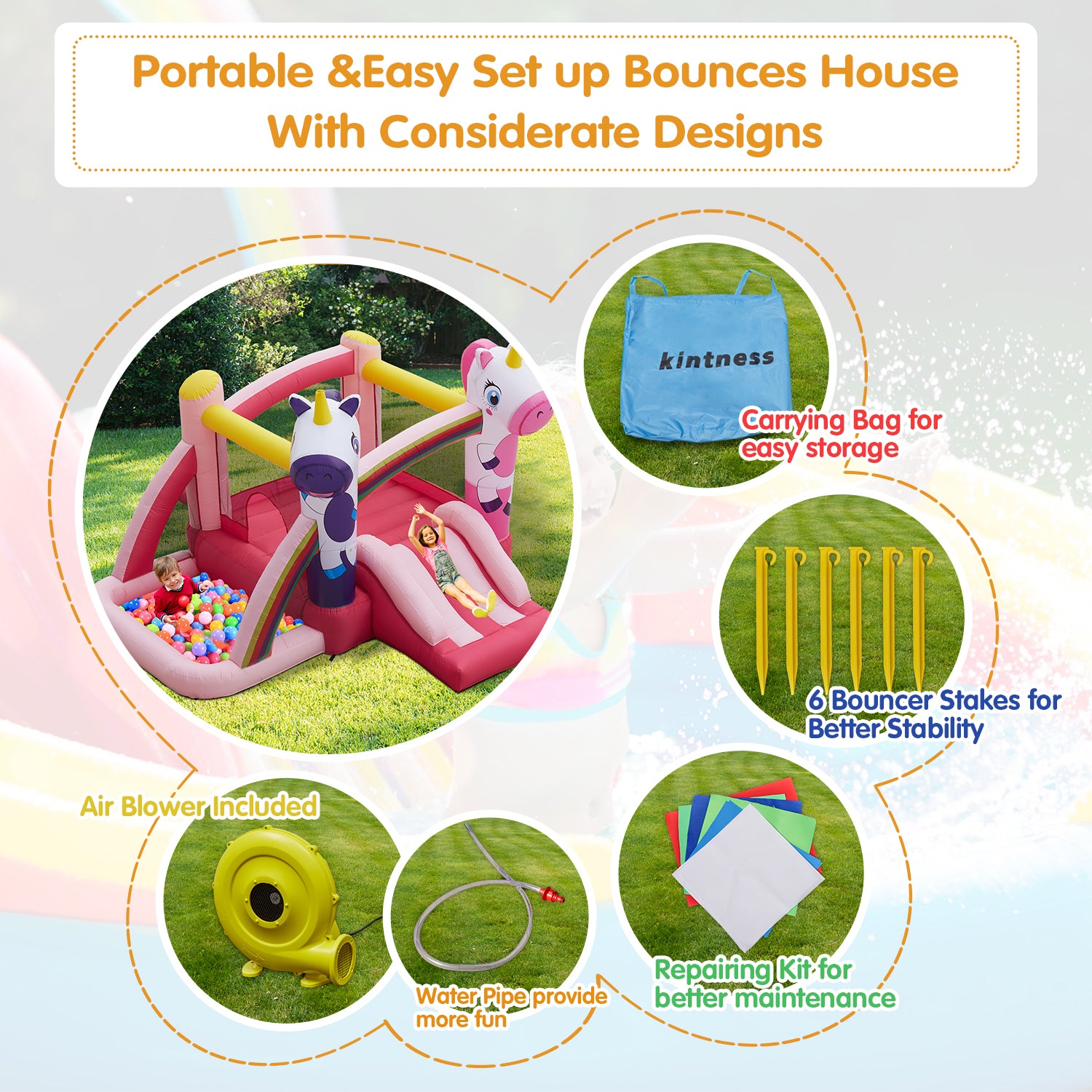 Kinbor Kids Inflatable Jumping Slide Bounce House with Blower Ocean Ball， Pink Unicorn