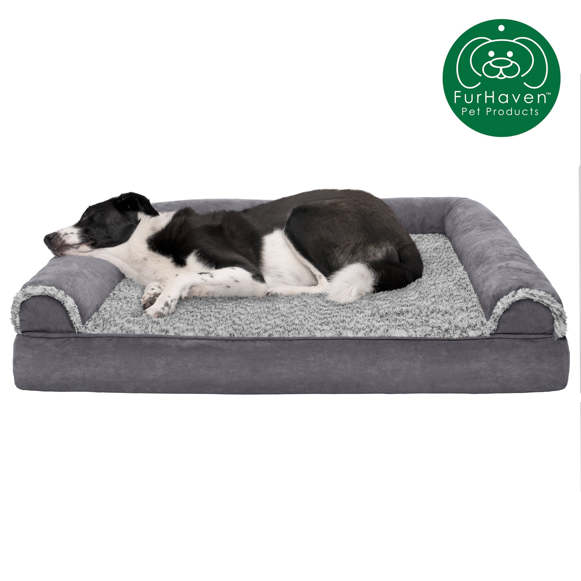 FurHaven Pet Products | Full Support Orthopedic Two-Tone Faux Fur and Suede Sofa Pet Bed for Dogs and Cats - Stone Gray， Jumbo
