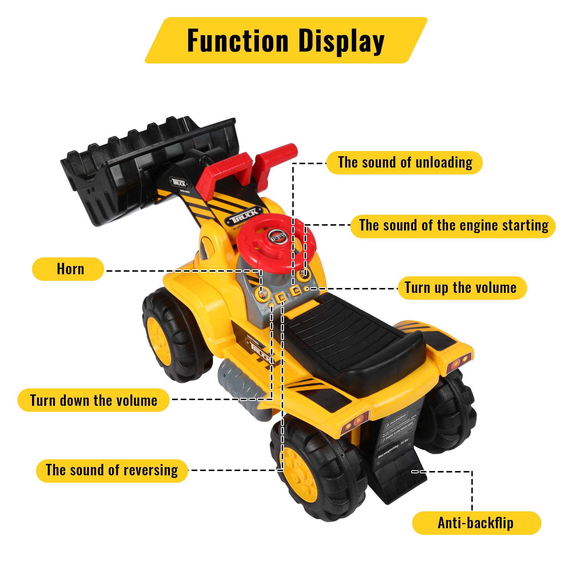 KARMAS PRODUCT Toddlers Ride-on Bulldozer Toy with Simulated Sounds - Kids Boys Construction Truck Vehicle with Bucket， Steering Wheel， Helmet， Rocks