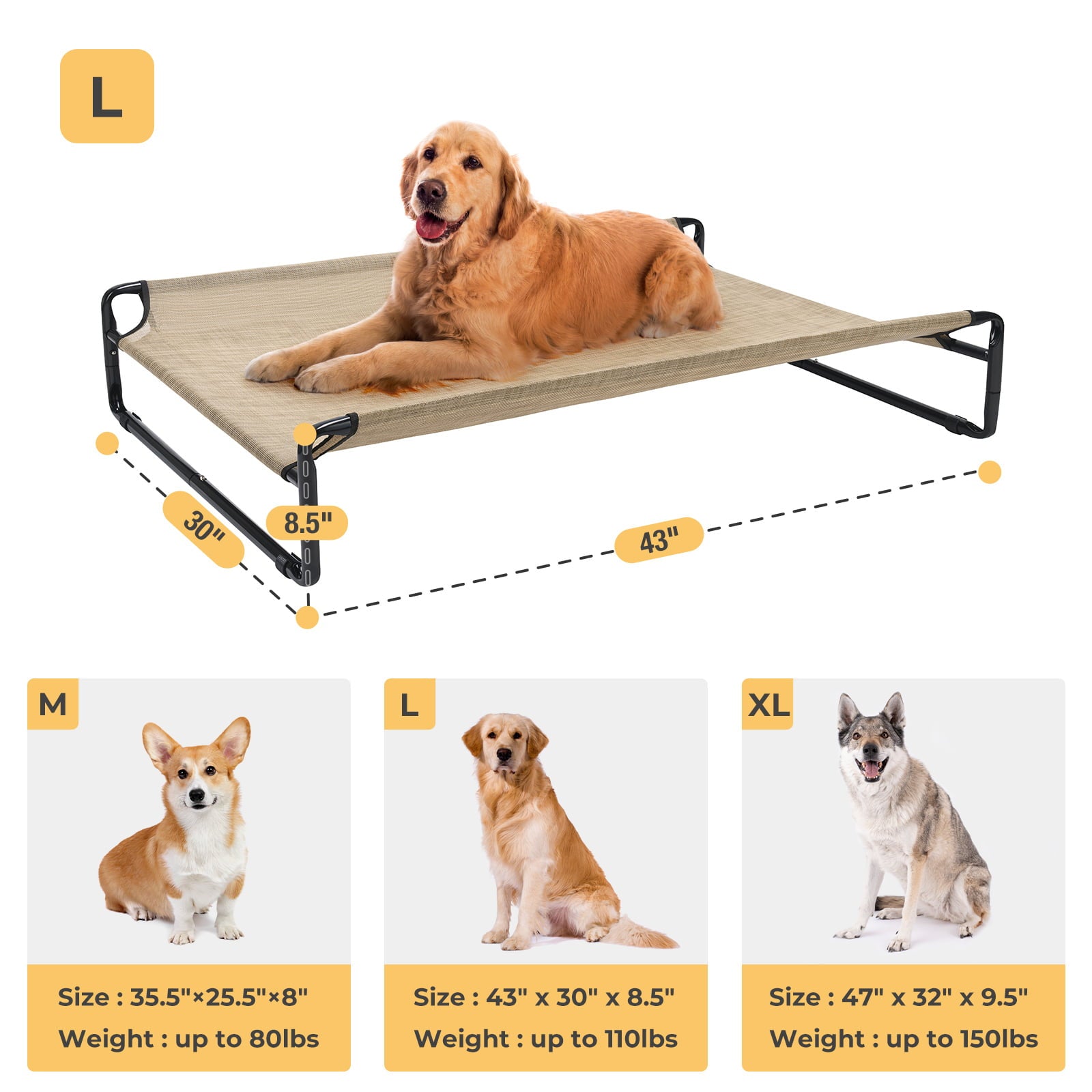 Veehoo Original Cooling Elevated Dog Bed， Raised Dog Cot with Washable Mesh， Large， Beige Coffee