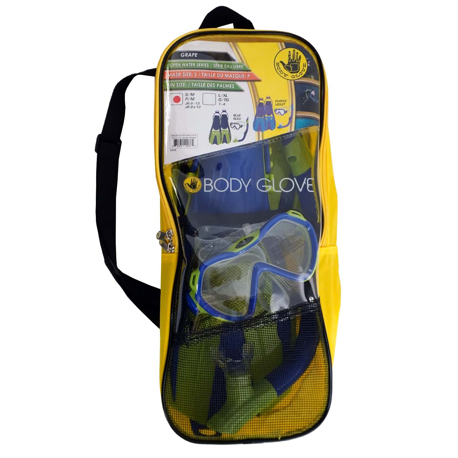 Body Glove Grape Mask Fins and Snorkel Set for Snorkeling， Diving， and Swimming-Tempered Glass-Silicone-Flex Tube-Snorkel Dry top-Splash Guard-Travel Bag