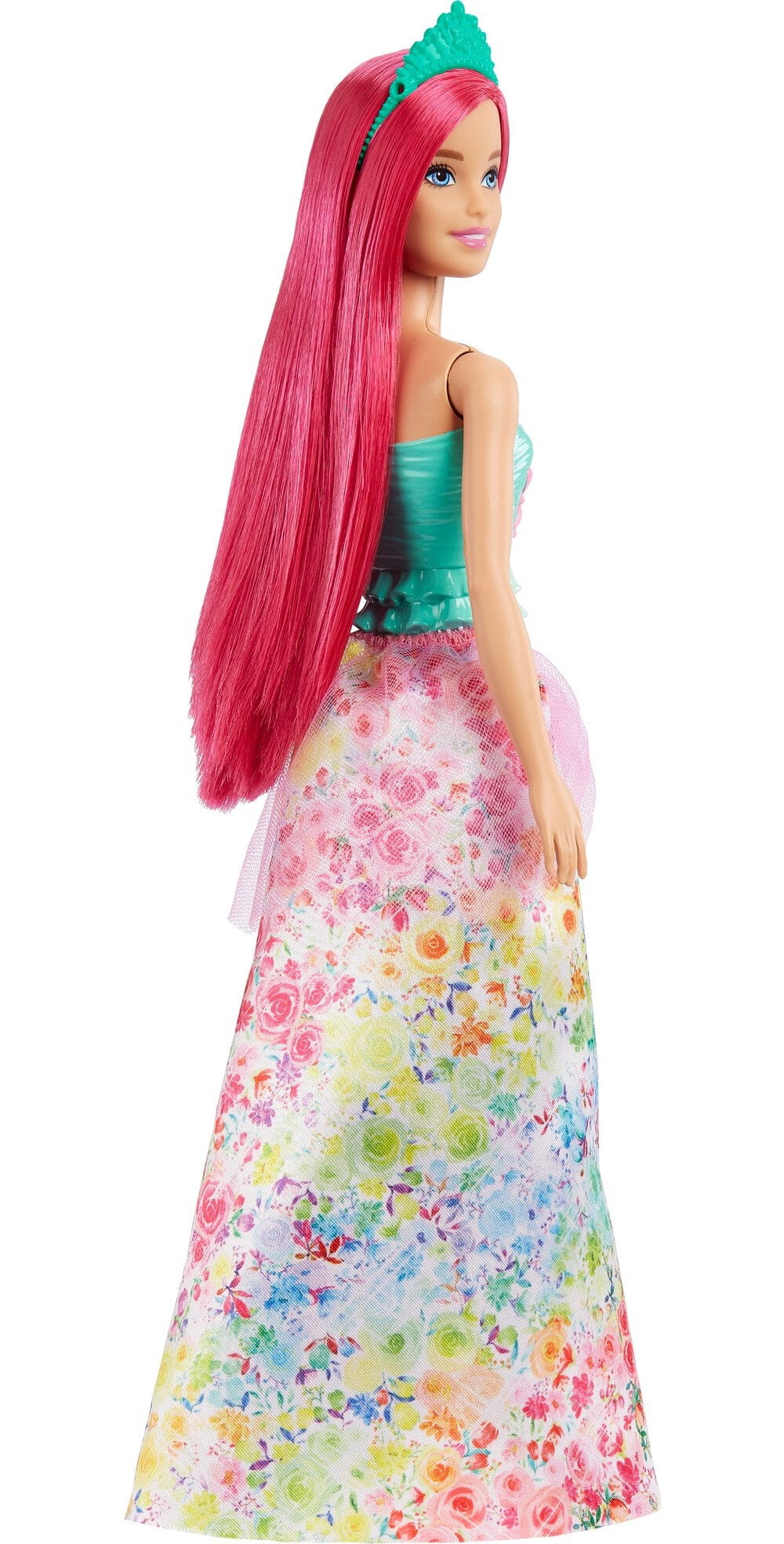 Barbie Dreamtopia Doll & Accessories, Dark Pink Hair with Floral Skirt, Shoes, Necklace & Tiara