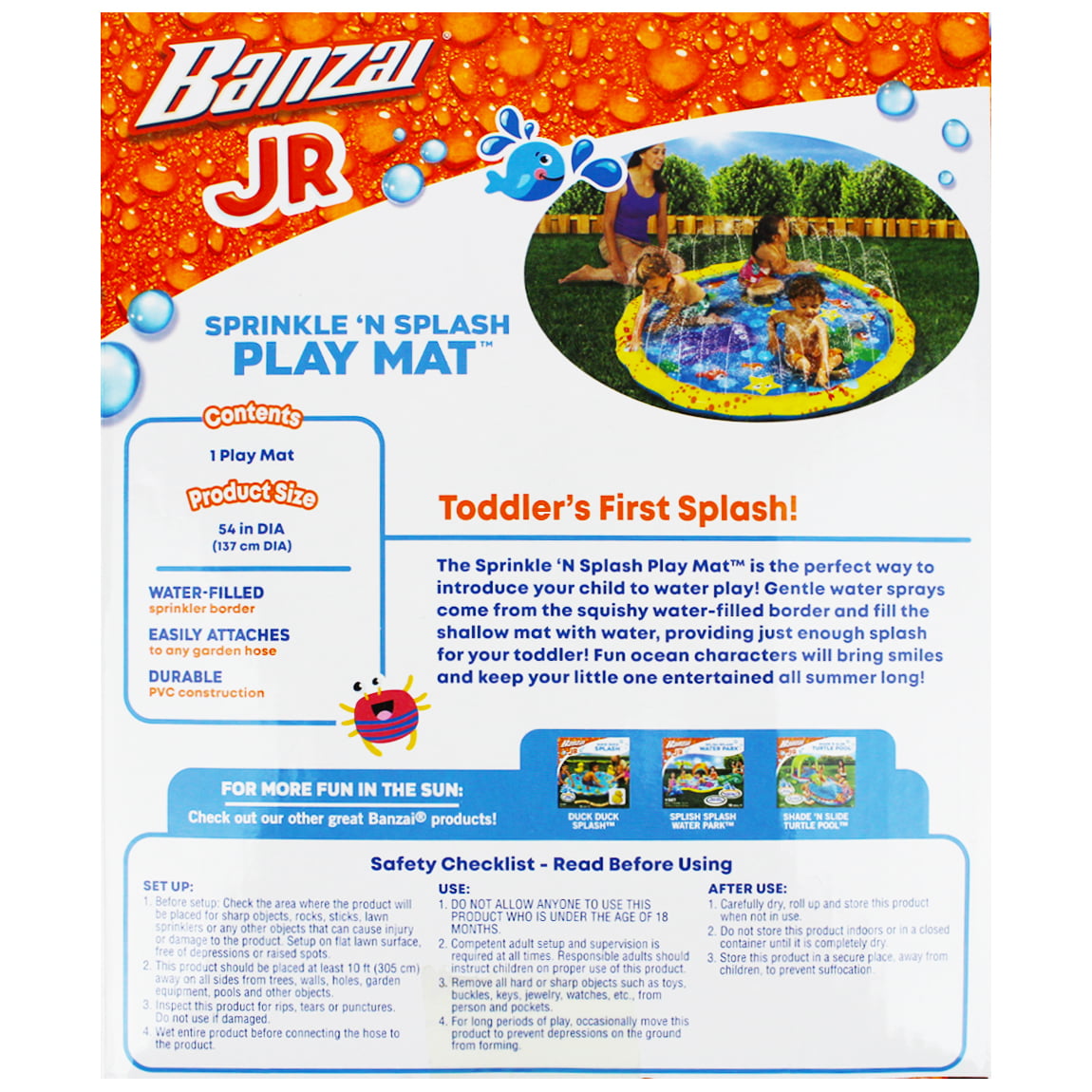 Banzai JR Sprinkle and Splash Play Mat Inflatable Water Fountain 18 months +