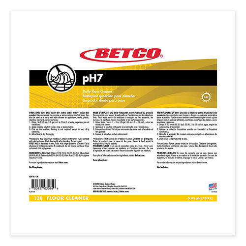 Betco pH7 Floor Cleaner | Lemon Scent， 5 gal Bag-in-Box， 4