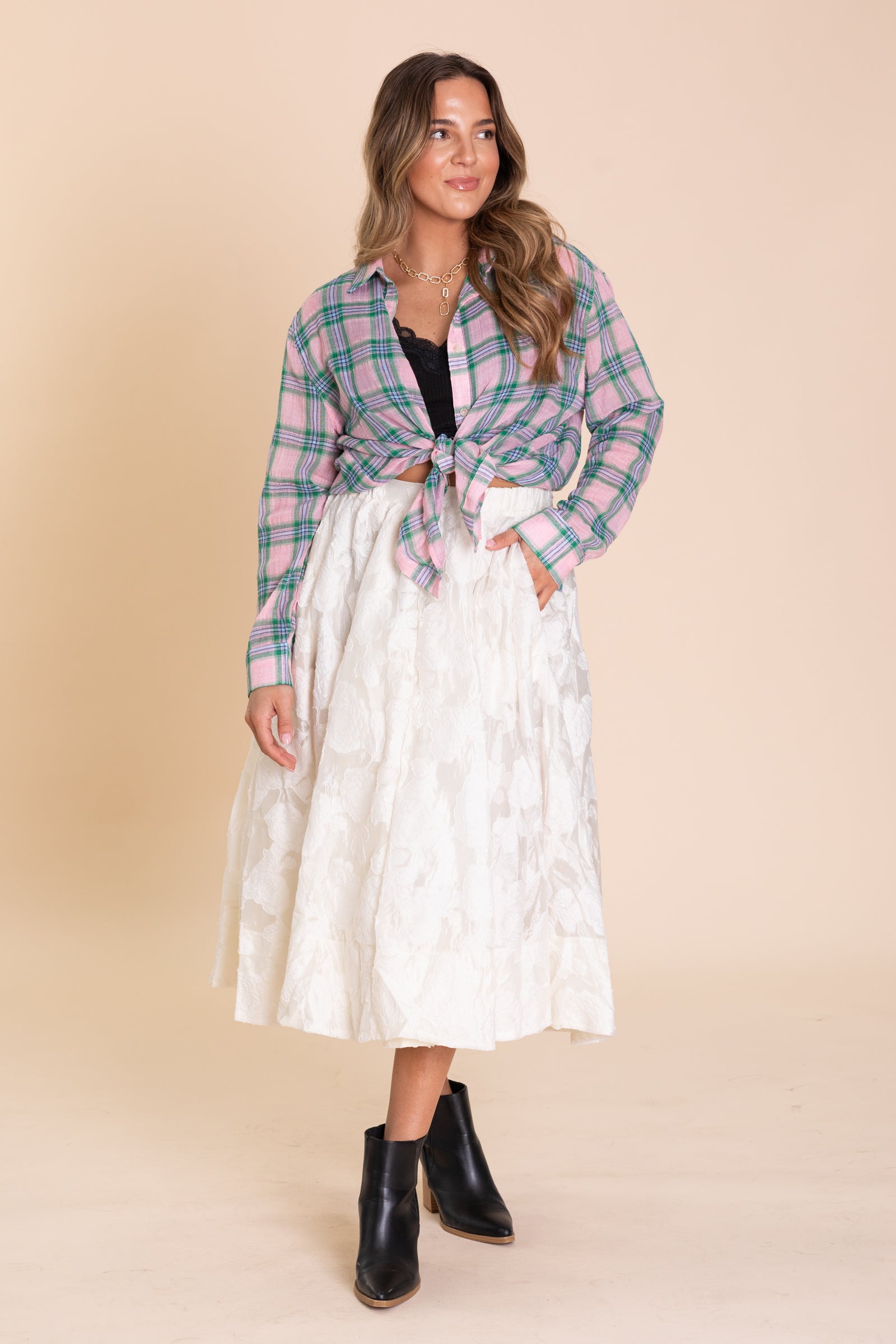 Cream Floral Print Elastic Waist Maxi Skirt