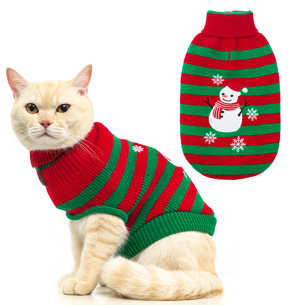 Pupteck Cat Christmas Sweater - Snow Man Stripes Cats Holiday Sweaters Soft Knit Warm Winter Sweaters Jumpsuits for Cats Small Dogs