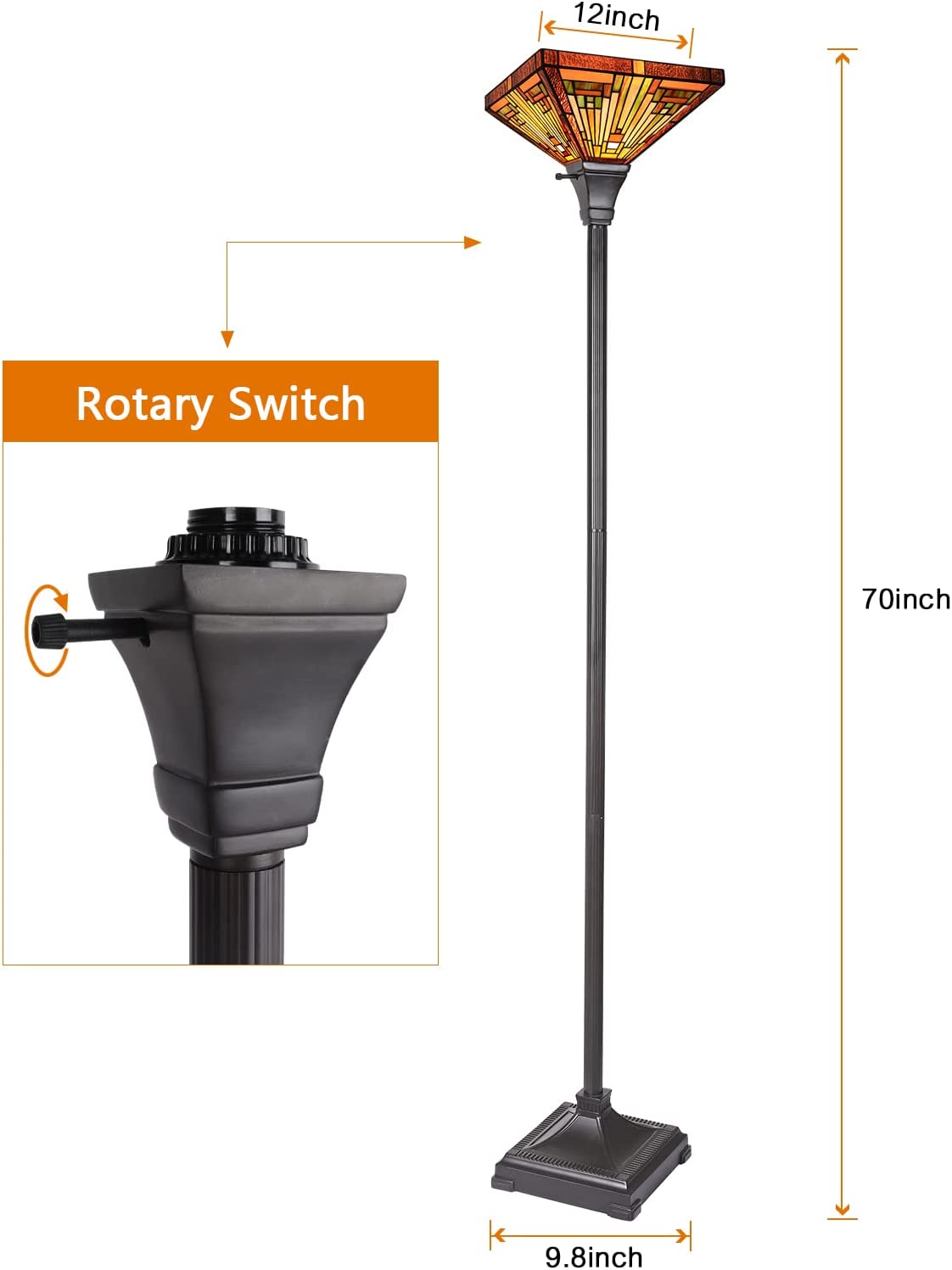 BBNBDMZ  Style Torchiere Floor Lamp Amber Brown Stained Glass 70" Tall Industrial Blackish Bronze Pole Torch Standing Light Decor for Living Room Bedroom Office