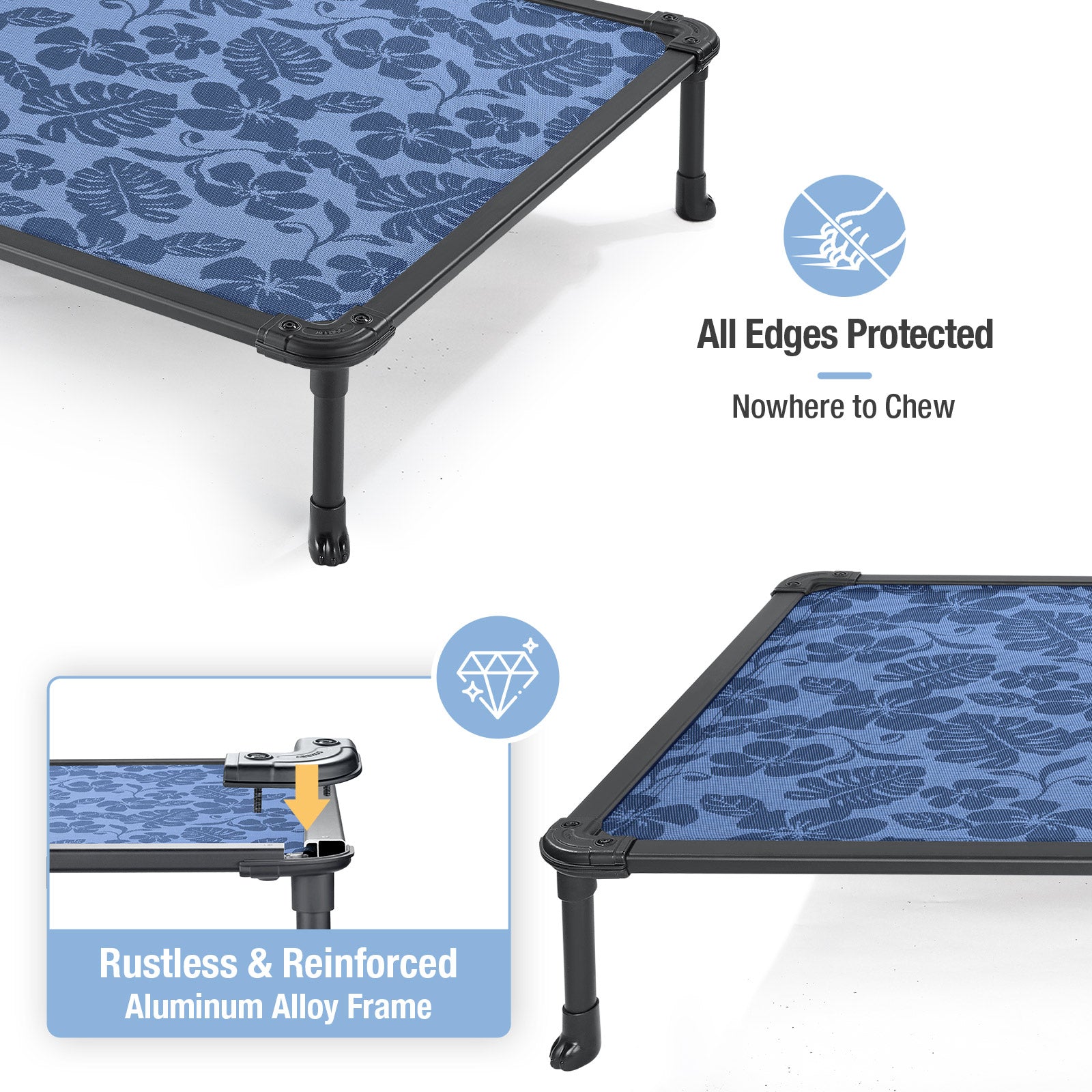 Veehoo Chew Proof Dog Bed， Rustless Aluminum Frame and Textilene Mesh Fabric， Blue Print， Large