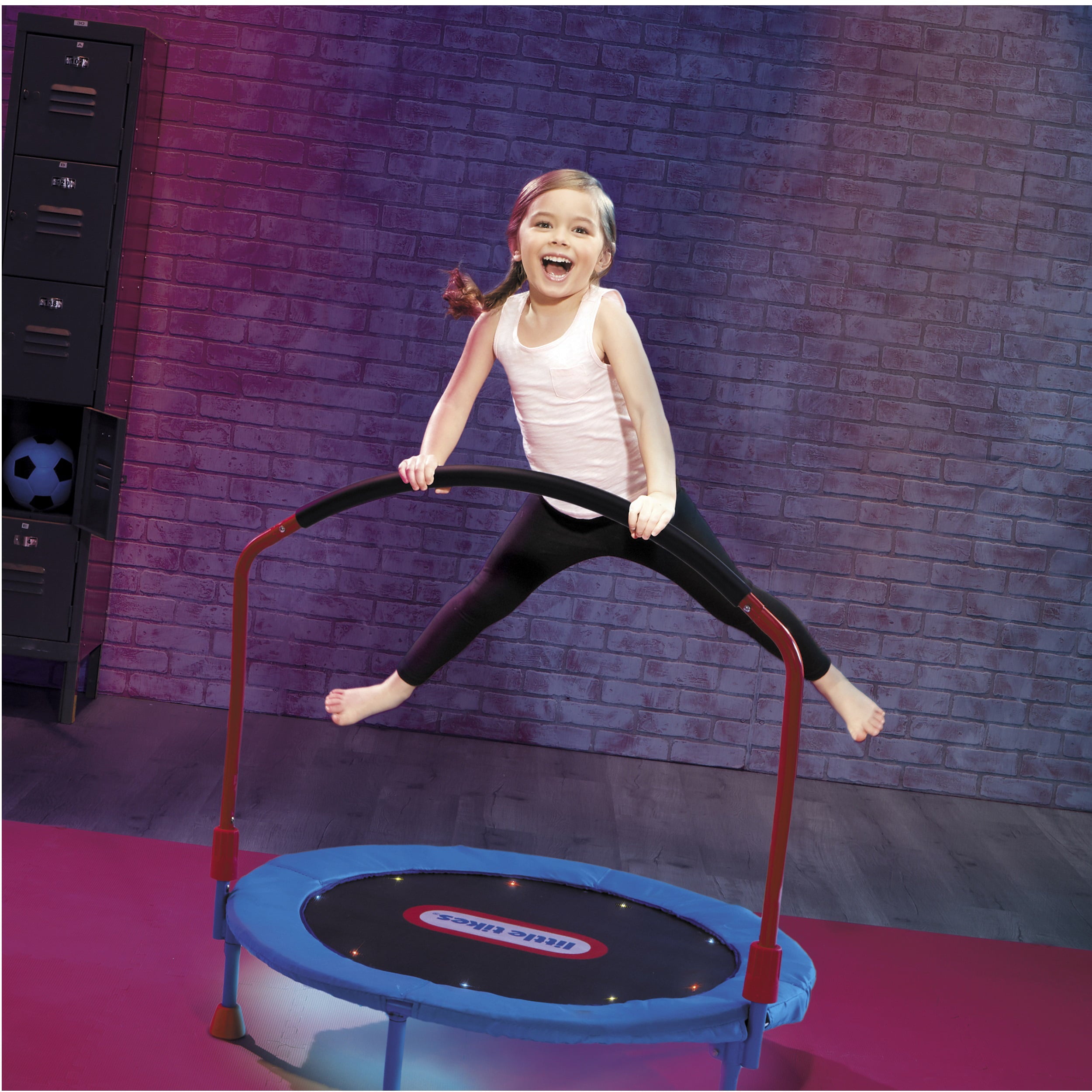 Little Tikes Light-Up 3' Kids Trampoline LED Lights and Folding Padded Handle for Safety and Easy Storage， Blue and Red- For Toddlers Boys Girls Ages 3 4 5 Year Old