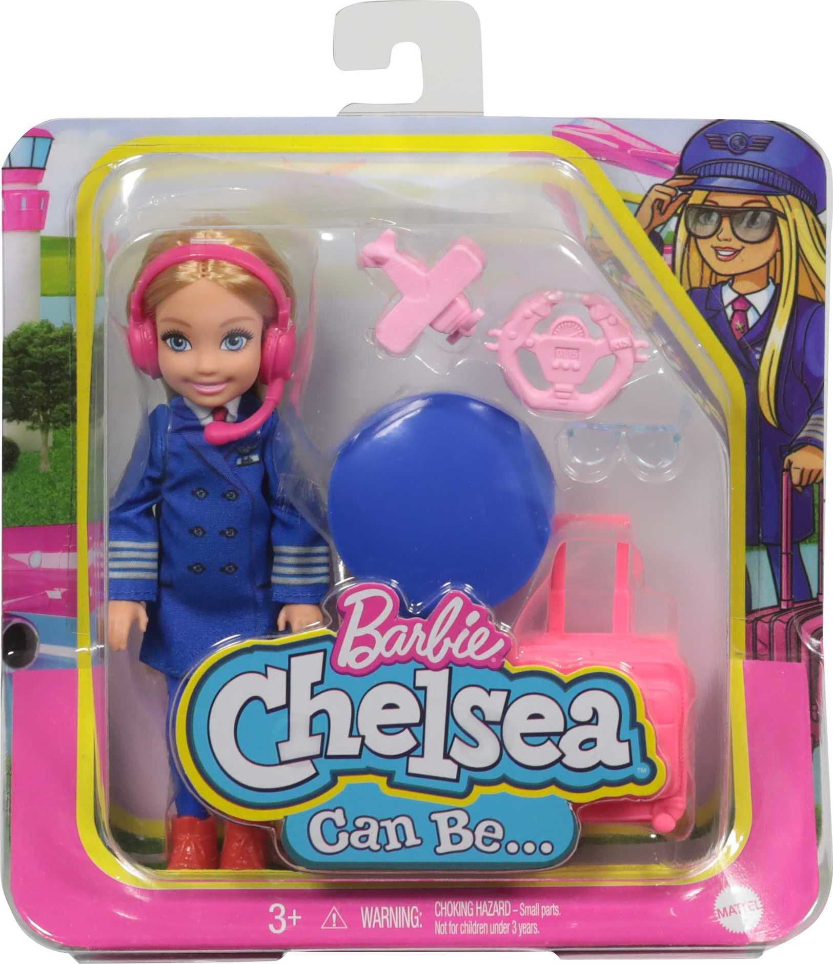 Barbie Chelsea Can Be Doll, Playset with Small Doll, Pilot Outfit, Luggage & Travel Accessories