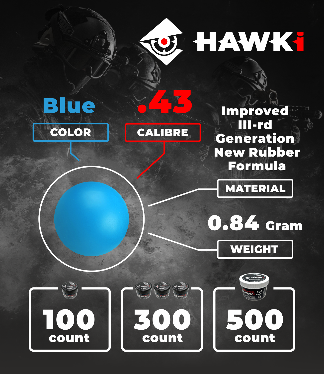 Hawki .43 Cal Reusable Training Soft Rubber Balls 100 Pack (Blue)