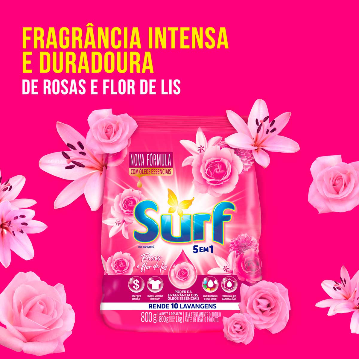 Lava Roupas Sanitizante em Po Surf 5 em 1 Rosas e Flor de Lis 800 g