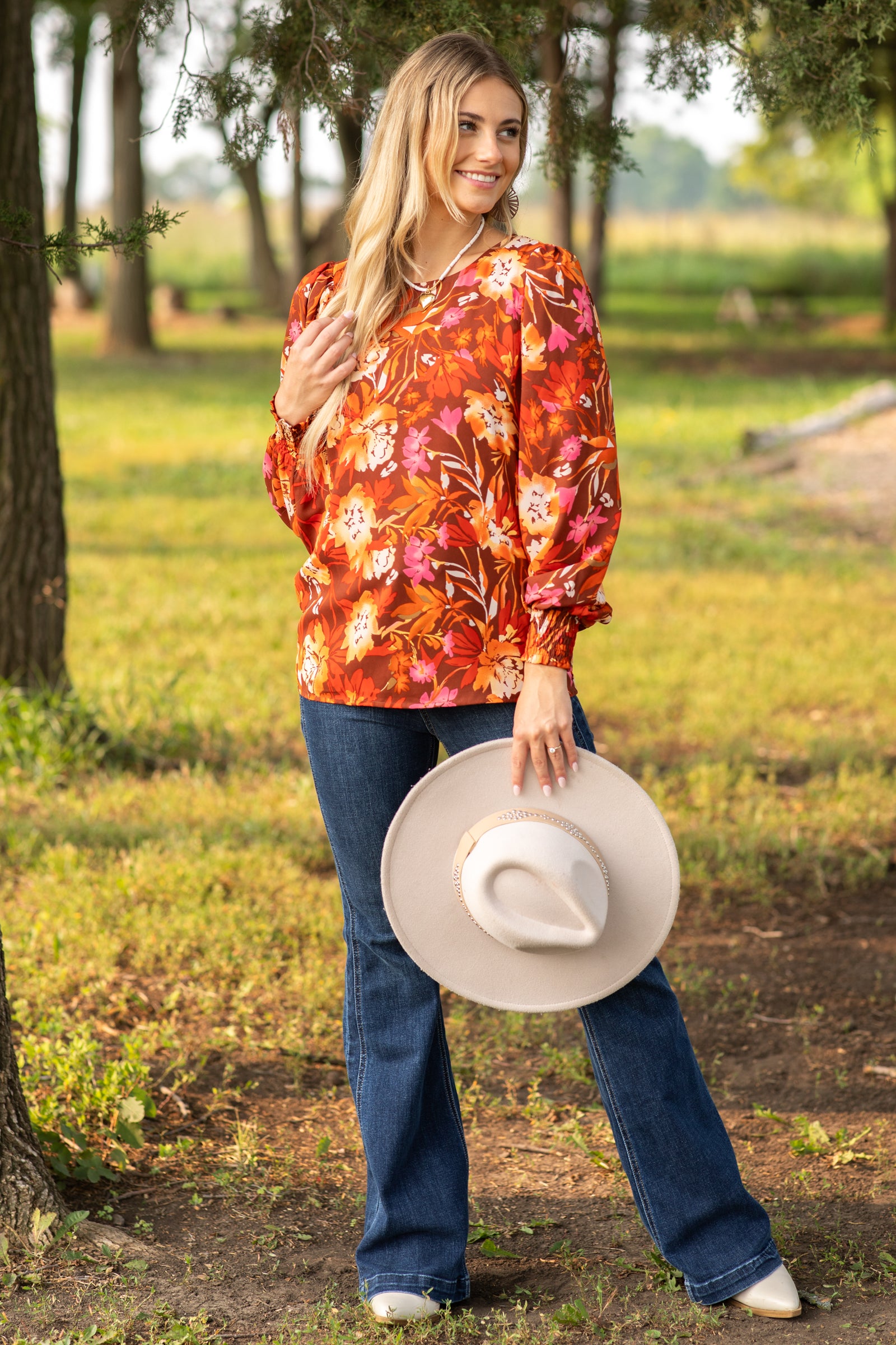 Burnt Orange and Pink Floral Smocked Cuff Top