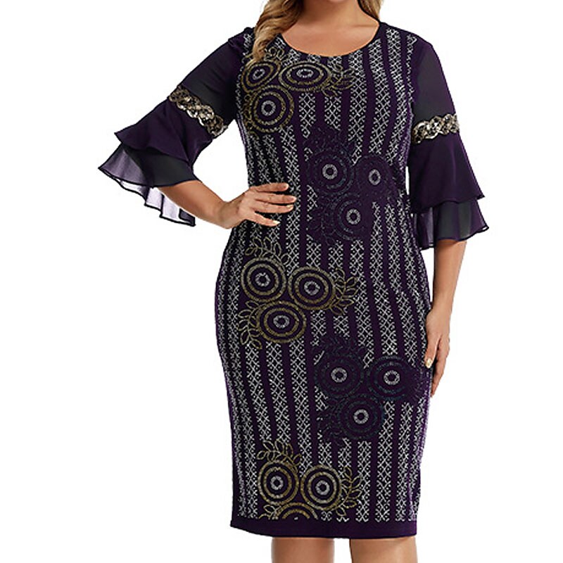 Women's Plus Size Holiday Dress Floral Crew Neck Ruffle Vintage Dress