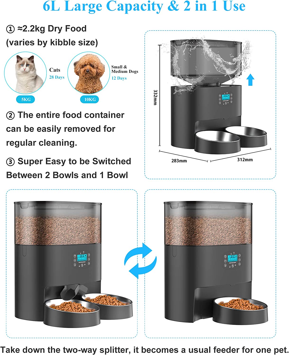 6L Automatic Cat Feeder for 2 Cats， 2.4G WiFi Enabled Smart Feed Automatic Pet Feeder for Cats and Dogs， Timed Pet Food Dispenser with Stainless Steel Bowl APP Control， 10s Voice Black