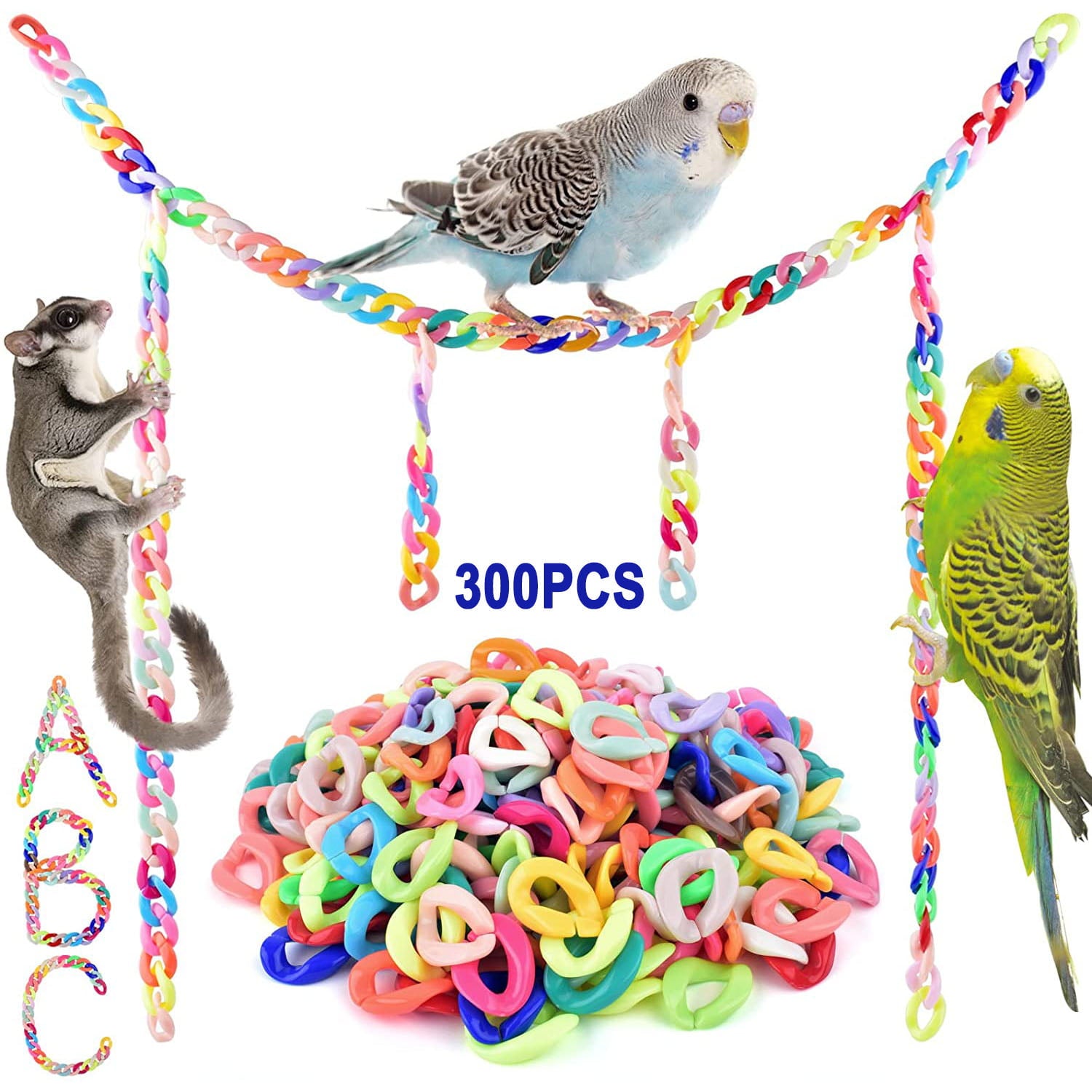 Kreigaven 300pcs Plastic Chain Links Birds， Mix Color Rainbow DIY C-Clips Chains Hooks Swing Climbing Cage Toys for Sugar Glider Rat Parrot Bird， Children's Learning Toy