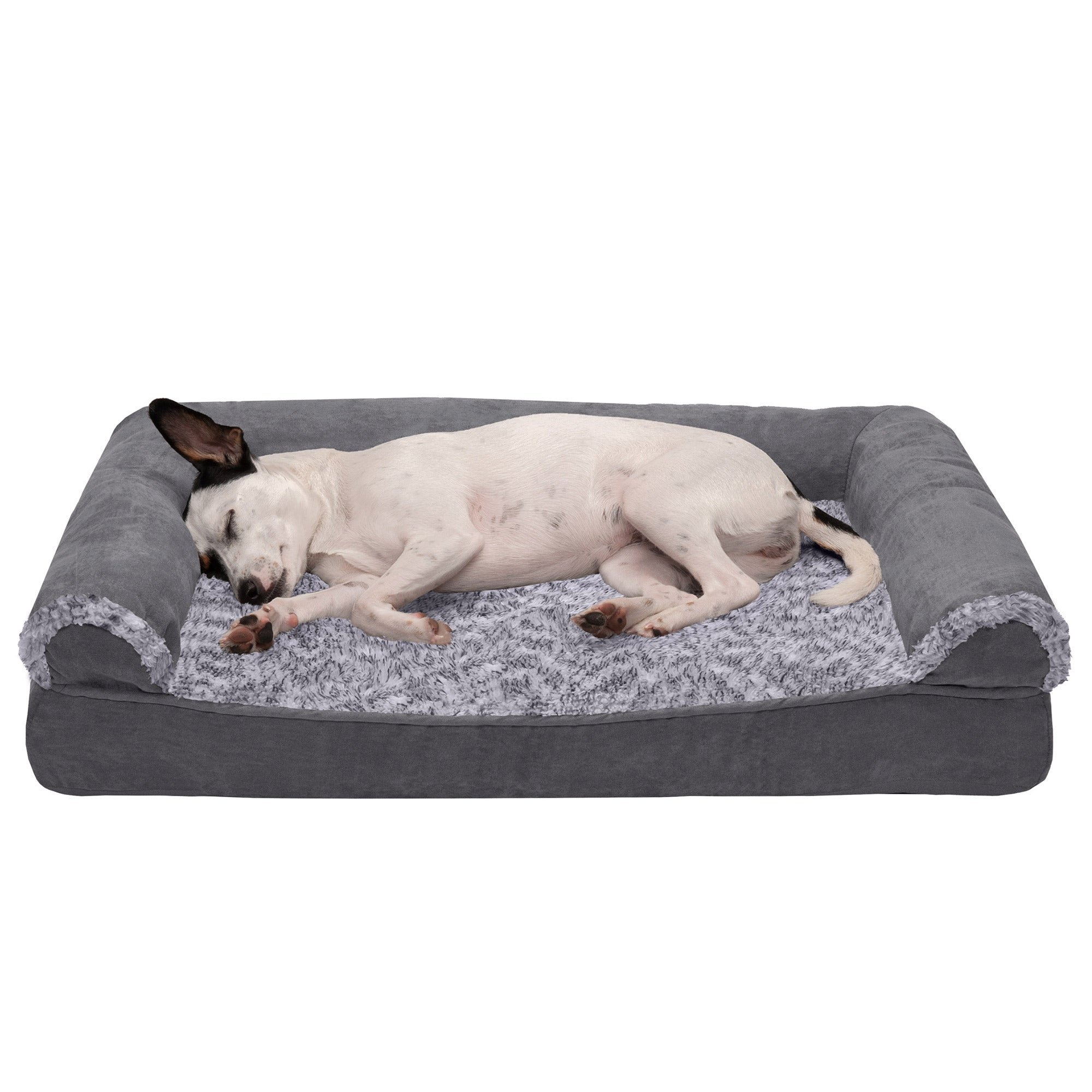FurHaven Pet Products | Cooling Gel Memory Foam Orthopedic Two-Tone Faux Fur and Suede Sofa-Style Couch Pet Bed for Dogs and Cats， Stone Gray， Medium