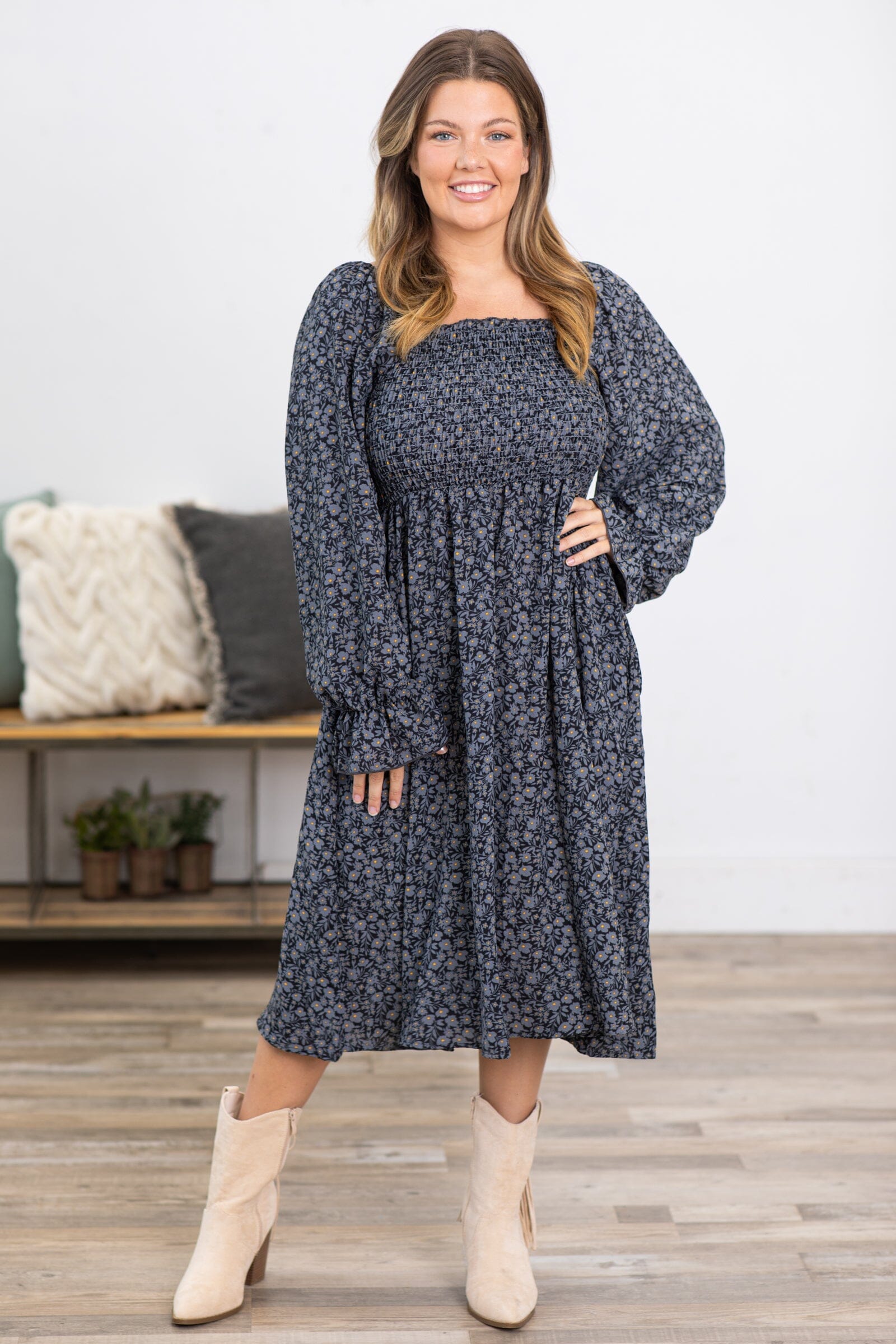 Graphite Ditsy Floral Square Neck Smocked Dress