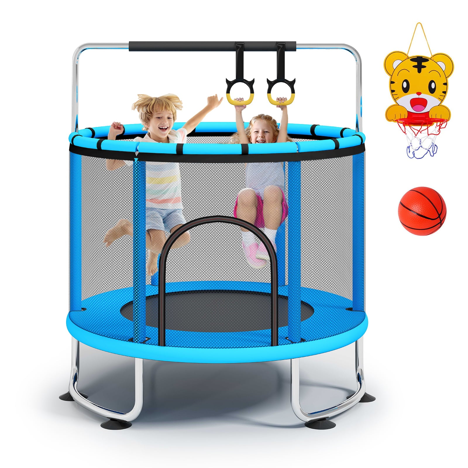 Fisca 55''Mini Toddler Trampolines with Handle Bar for Kids ， Toddler Basketball Hoop Trampoline with Enclosure Net and Rings， 555lbs Load
