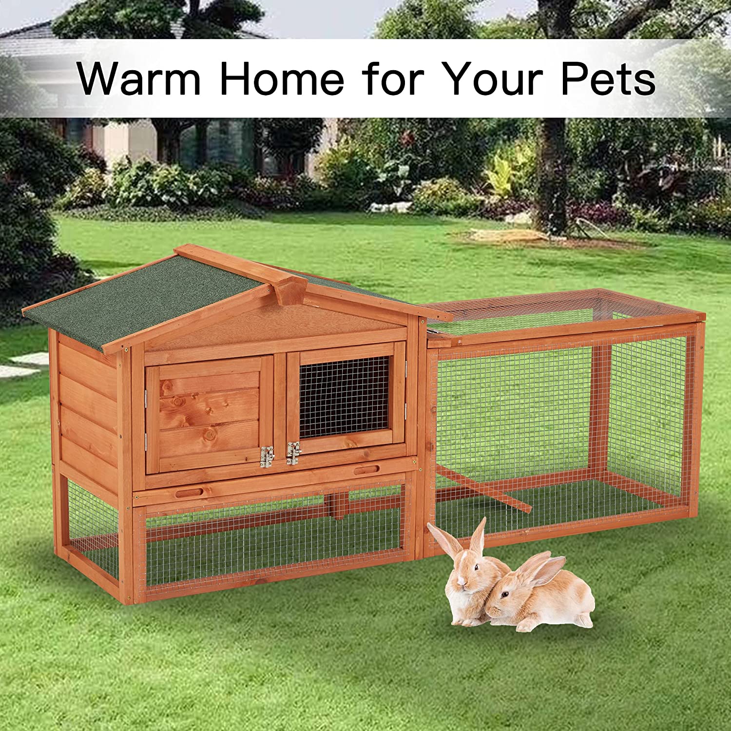 Wooden Rabbit Hutch， 2-Tiyer Indoor Outdoor Pet House with Pull Out Tray， Bunny Cage with Ramp and Waterproof Roof， Grey
