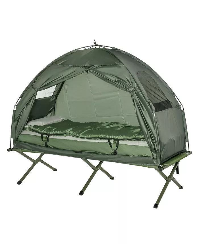 Outsunny Multifunctional Folding Camping Cots for Adults， Elevated Tent with Sleeping Bag， Thick Air Mattress Pad， Portable Single Sleeping Cot Campin