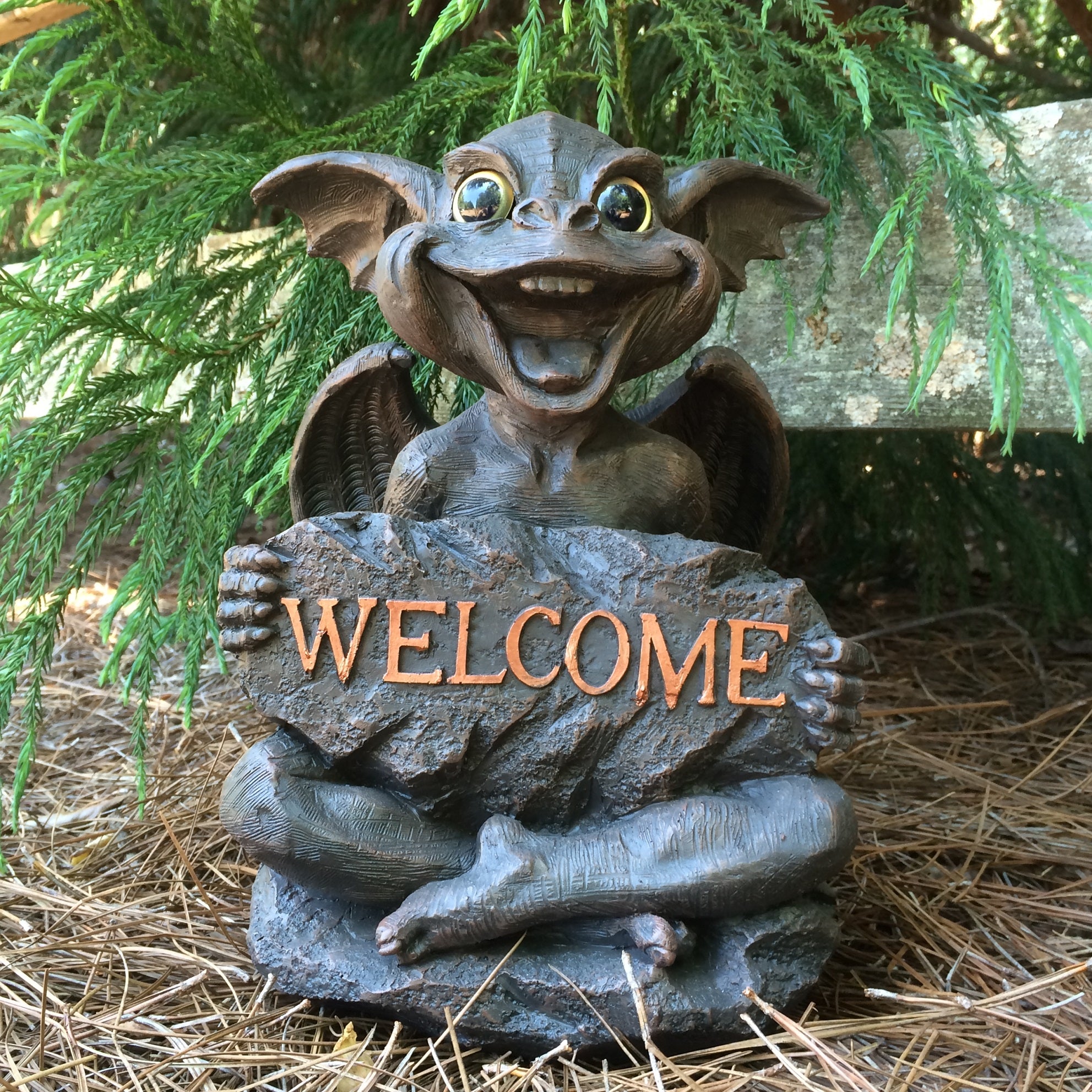 Homestyles Gargiggles Big Sister "Natasha" Gargoyle Holding "WELCOME" Sign Gothic Garden and Holiday Statue Decoration 13"H