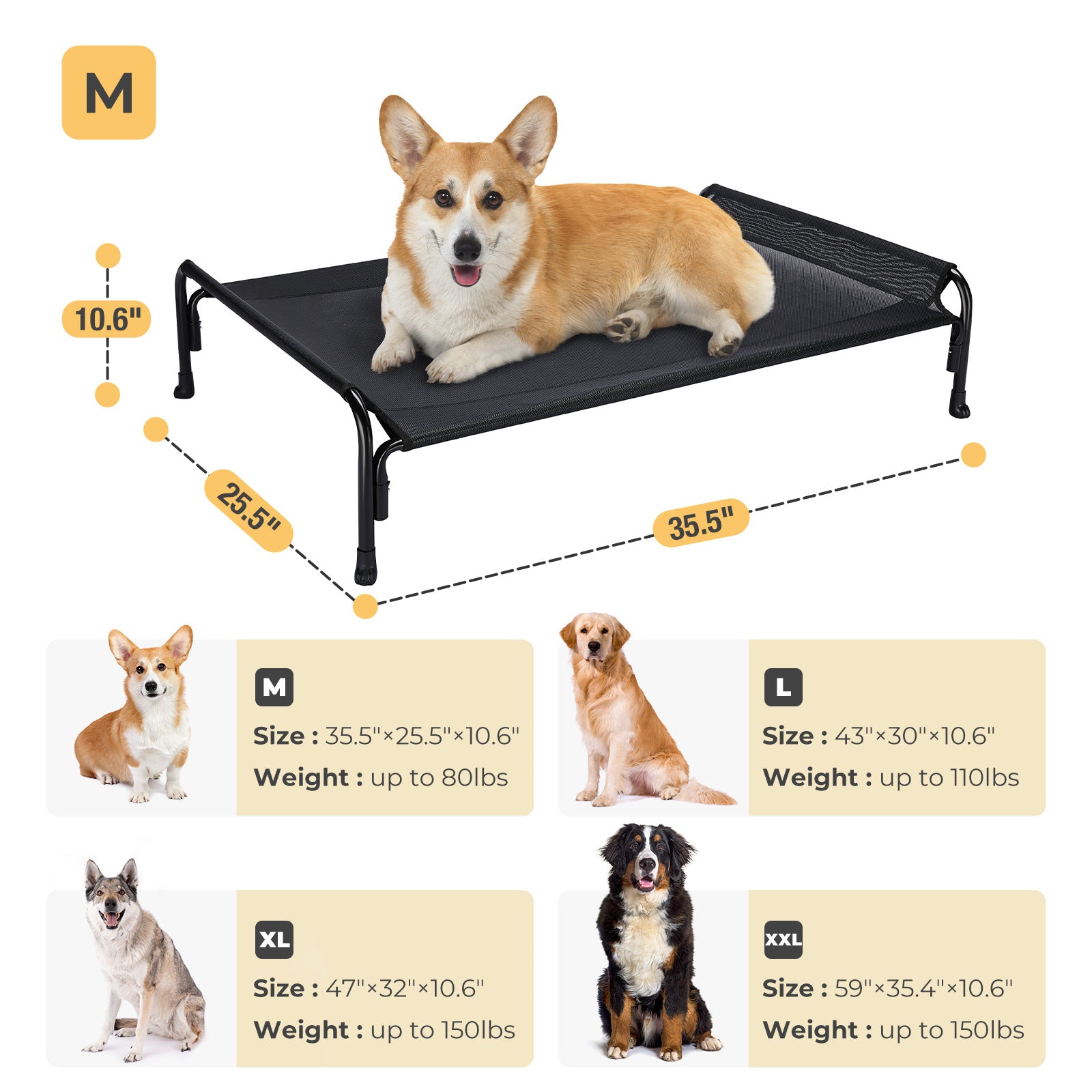 Veehoo Cooling Elevated Dog Bed， Chew Proof Dog Cot with Washable Mesh， Medium， Black