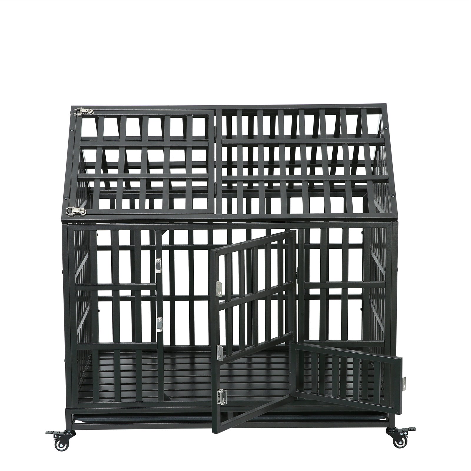 Heavy Duty Steel Pet Crate for Medium Large Dog with 360° Rotate Locking Wheels Removable Tray