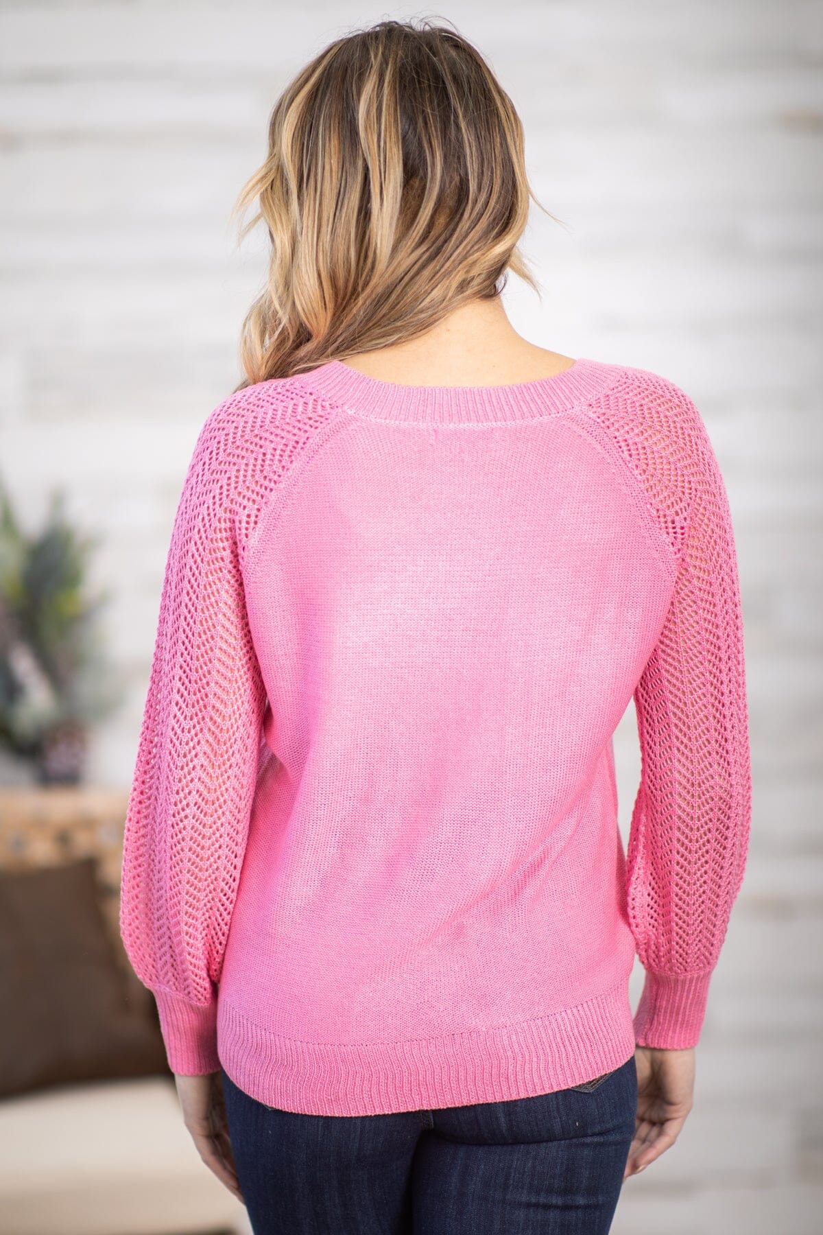 Pink Pointelle Sleeve Detail Sweater
