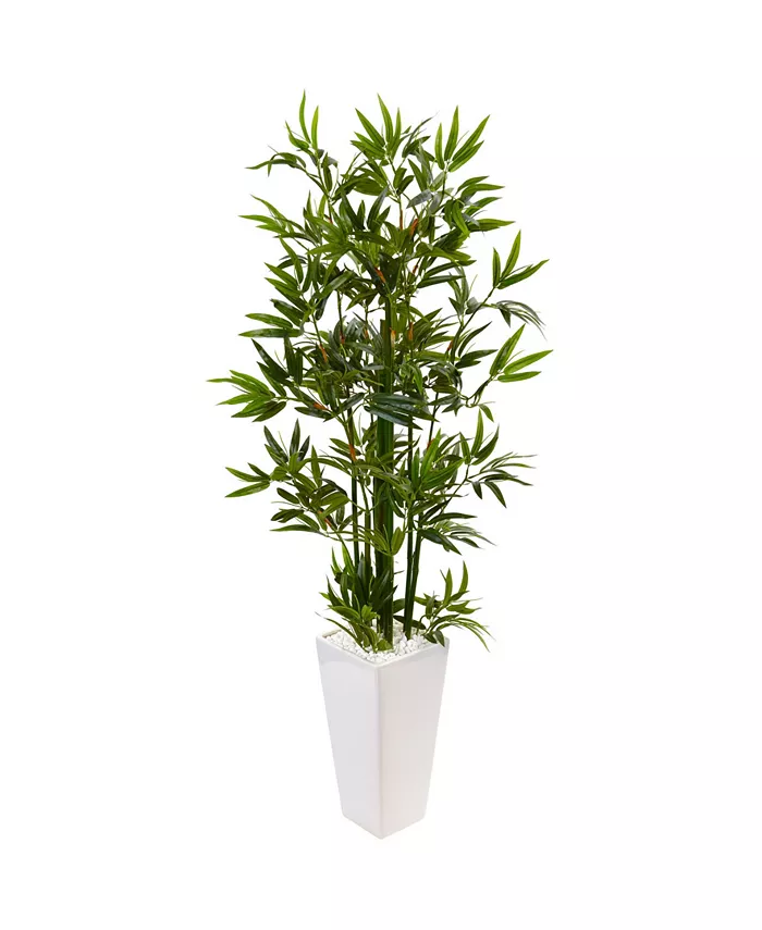 Nearly Natural 4.5' Bamboo Artificial Tree in White Tower Planter